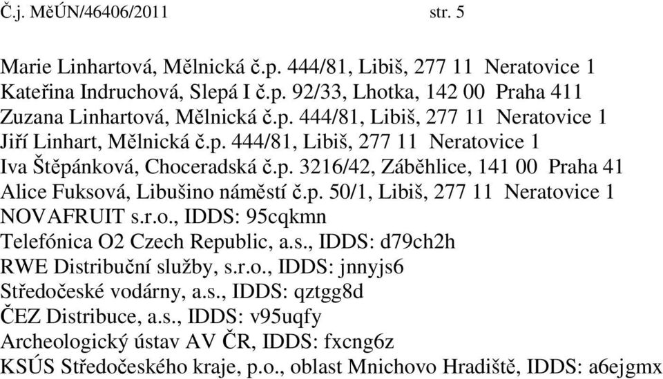 p. 50/1, Libiš, 277 11 Neratovice 1 NOVAFRUIT s.r.o., IDDS: 95cqkmn Telefónica O2 Czech Republic, a.s., IDDS: d79ch2h RWE Distribuční služby, s.r.o., IDDS: jnnyjs6 Středočeské vodárny, a.