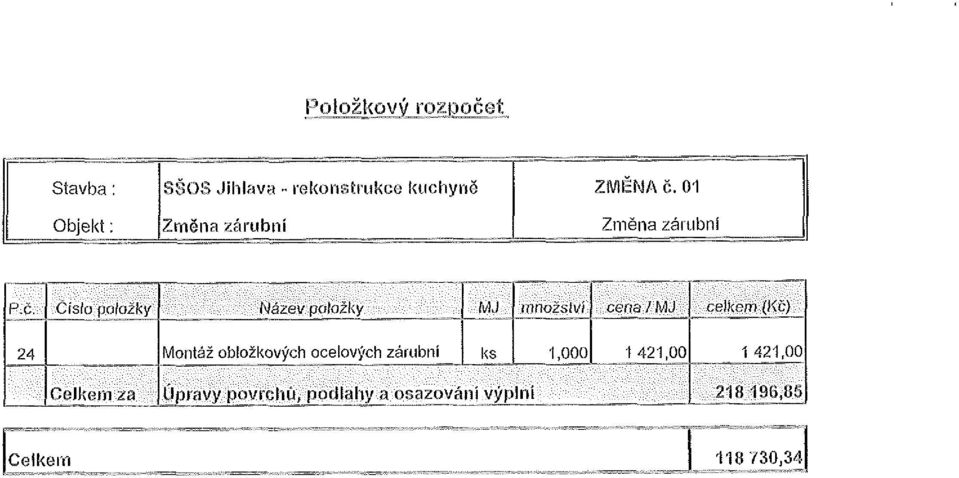 Číslo položky Název položky MJ množství cena I MJ celkem (Kč) 24 Montáž