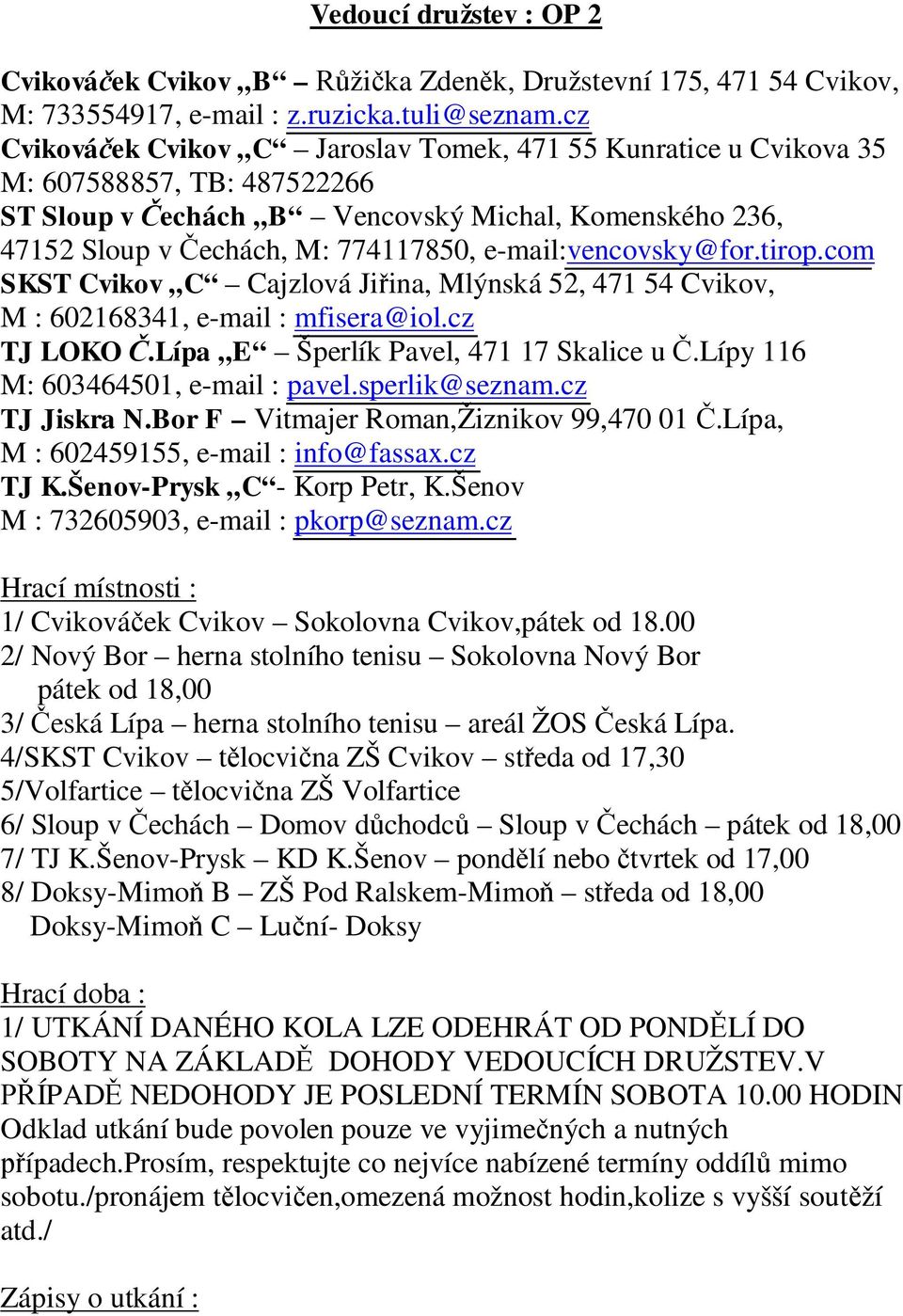 e-mail:vencovsky@for.tirop.com SKST Cvikov C Cajzlová Ji ina, Mlýnská 52, 471 54 Cvikov, M : 602168341, e-mail : mfisera@iol.cz TJ LOKO.Lípa E Šperlík Pavel, 471 17 Skalice u.