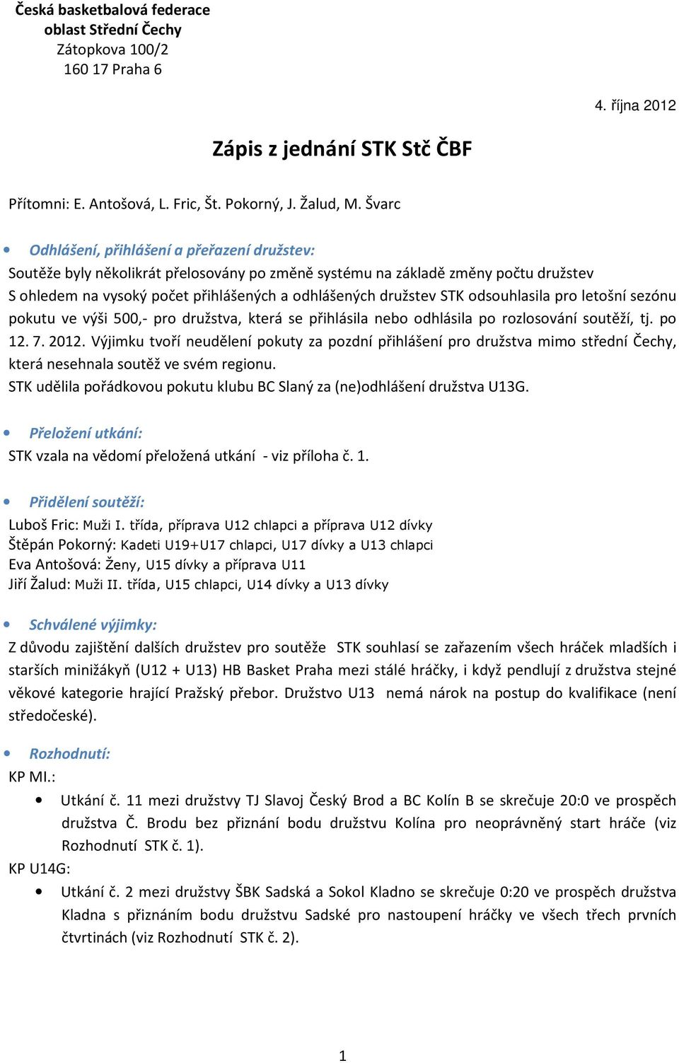 STK odsouhlasila pro letošní sezónu pokutu ve výši 500,- pro družstva, která se přihlásila nebo odhlásila po rozlosování soutěží, tj. po 2. 7. 202.