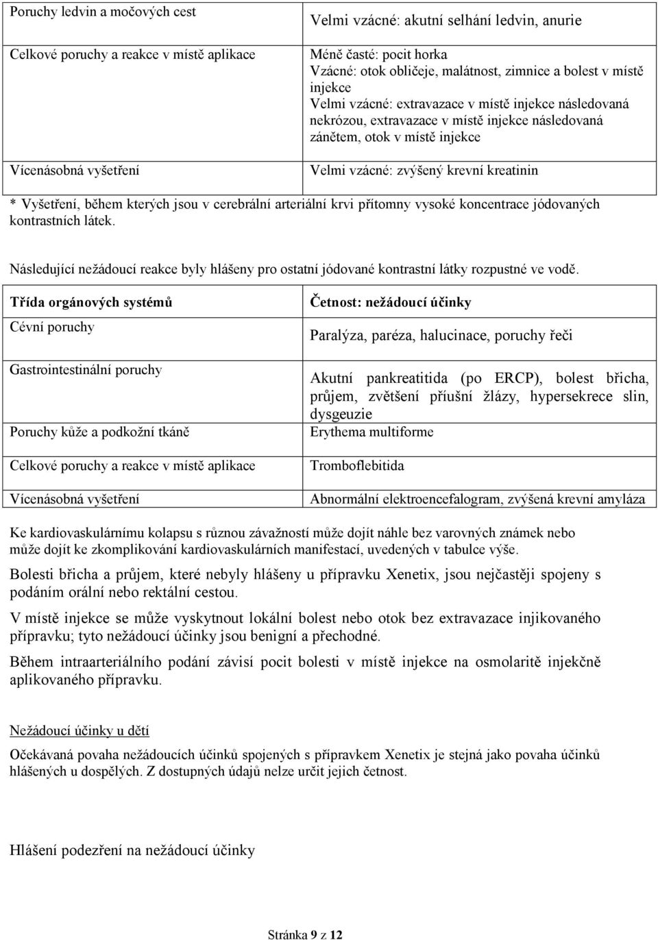 kreatinin * Vyšetření, během kterých jsou v cerebrální arteriální krvi přítomny vysoké koncentrace jódovaných kontrastních látek.