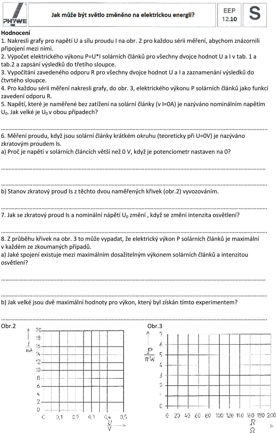 Pro každou sérii měření nakresli grafy, do obr. 3, elektrického výkonu P solárních článků jako funkci zavedení odporu R. 5.