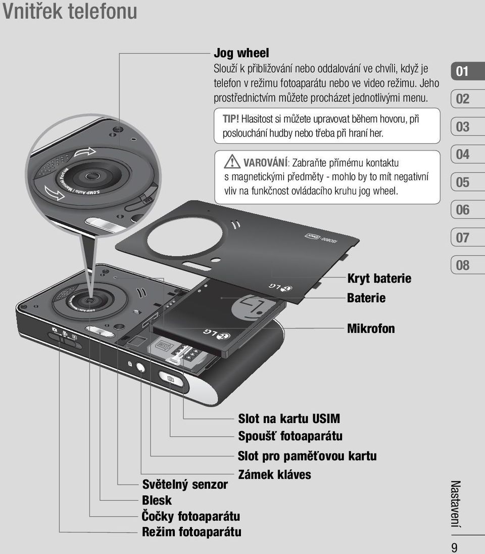 VAROVÁNÍ: Zabraňte přímému kontaktu s magnetickými předměty - mohlo by to mít negativní vliv na funkčnost ovládacího kruhu jog wheel.