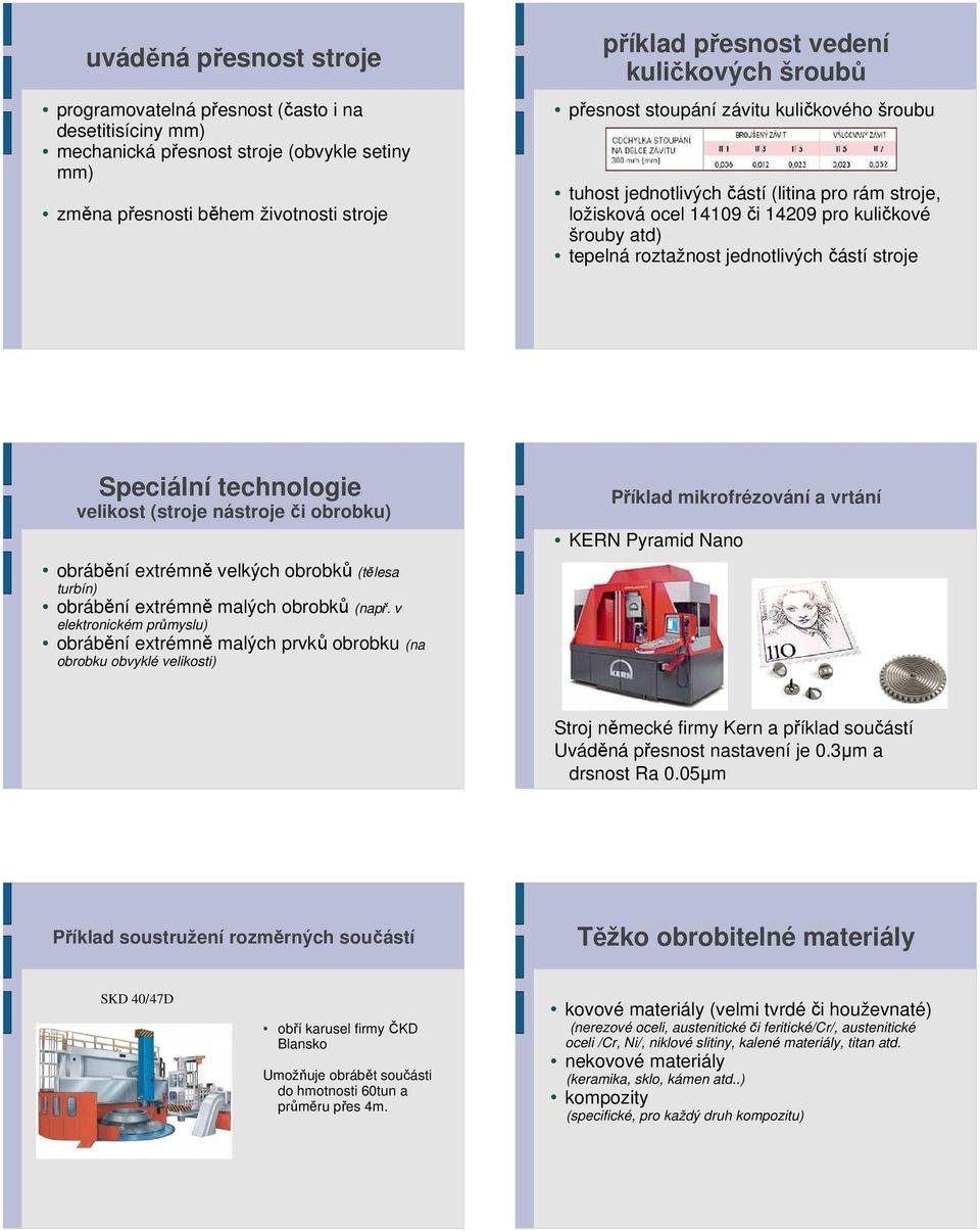 jednotlivých částí stroje Speciální technologie velikost (stroje nástroje či obrobku) Příklad mikrofrézování a vrtání KERN Pyramid Nano obrábění extrémně velkých obrobků (tělesa turbín) obrábění