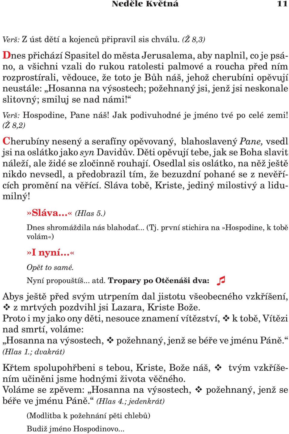 opìvují neustále: Hosanna na výsostech; po ehnaný jsi, jen jsi neskonale slitovný; smiluj se nad námi! Verš: Hospodine, Pane náš! Jak podivuhodné je jméno tvé po celé zemi!