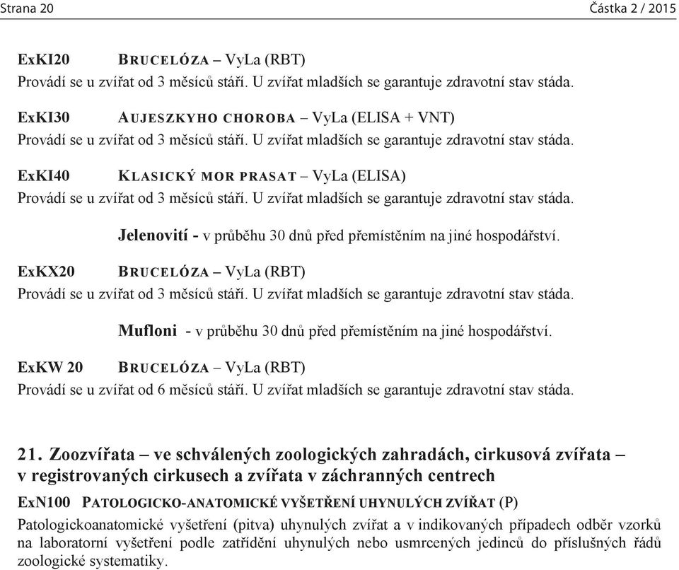ExKI40 KLASICKÝ MOR PRASAT VyLa (ELISA) Provádí se u zvířat od 3 měsíců stáří. U zvířat mladších se garantuje zdravotní stav stáda. Jelenovití - v průběhu 30 dnů před přemístěním na jiné hospodářství.