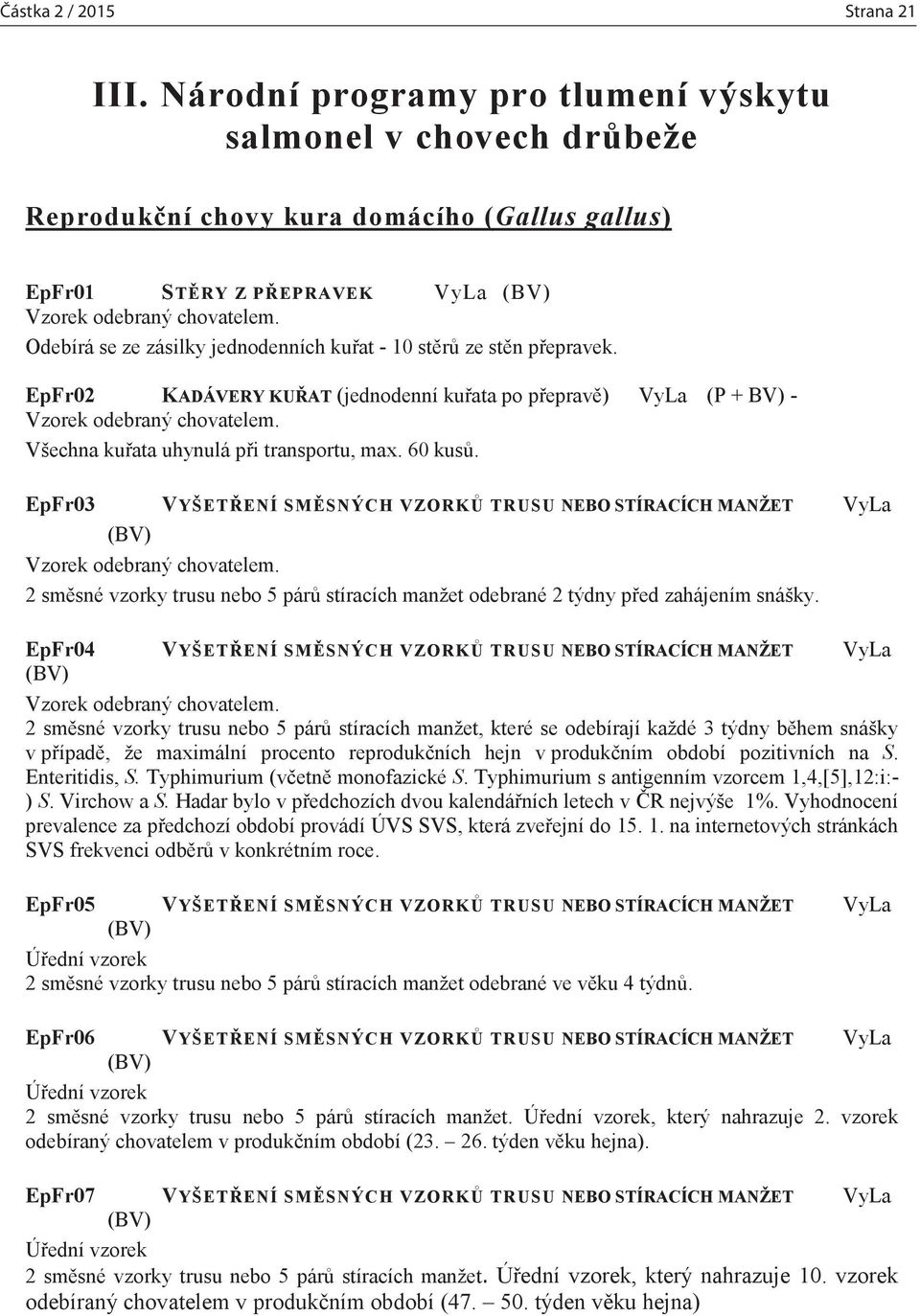 Odebírá se ze zásilky jednodenních kuřat - 10 stěrů ze stěn přepravek. EpFr02 KADÁVERY KUŘAT (jednodenní kuřata po přepravě) VyLa (P + BV) - Vzorek odebraný chovatelem.