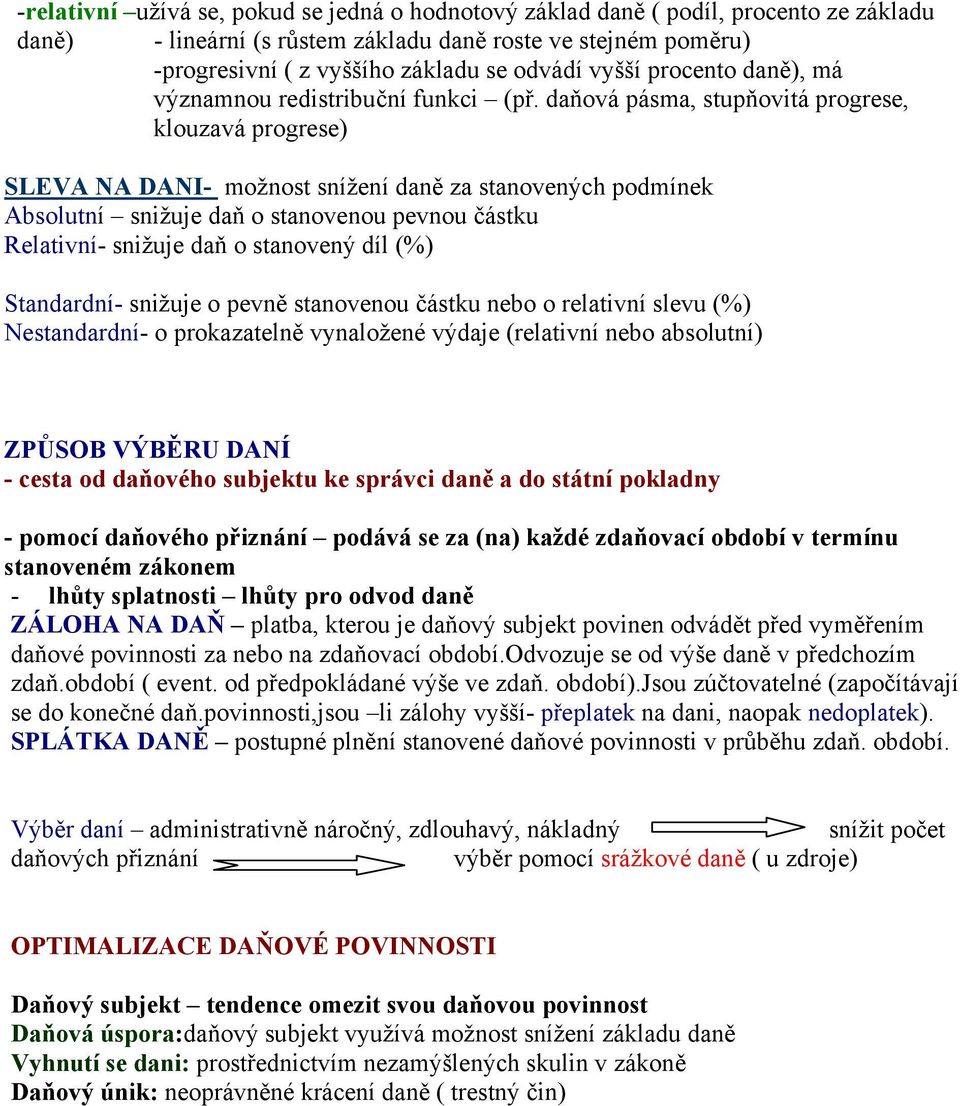 daňová pásma, stupňovitá progrese, klouzavá progrese) SLEVA NA DANI- možnost snížení daně za stanovených podmínek Absolutní snižuje daň o stanovenou pevnou částku Relativní- snižuje daň o stanovený