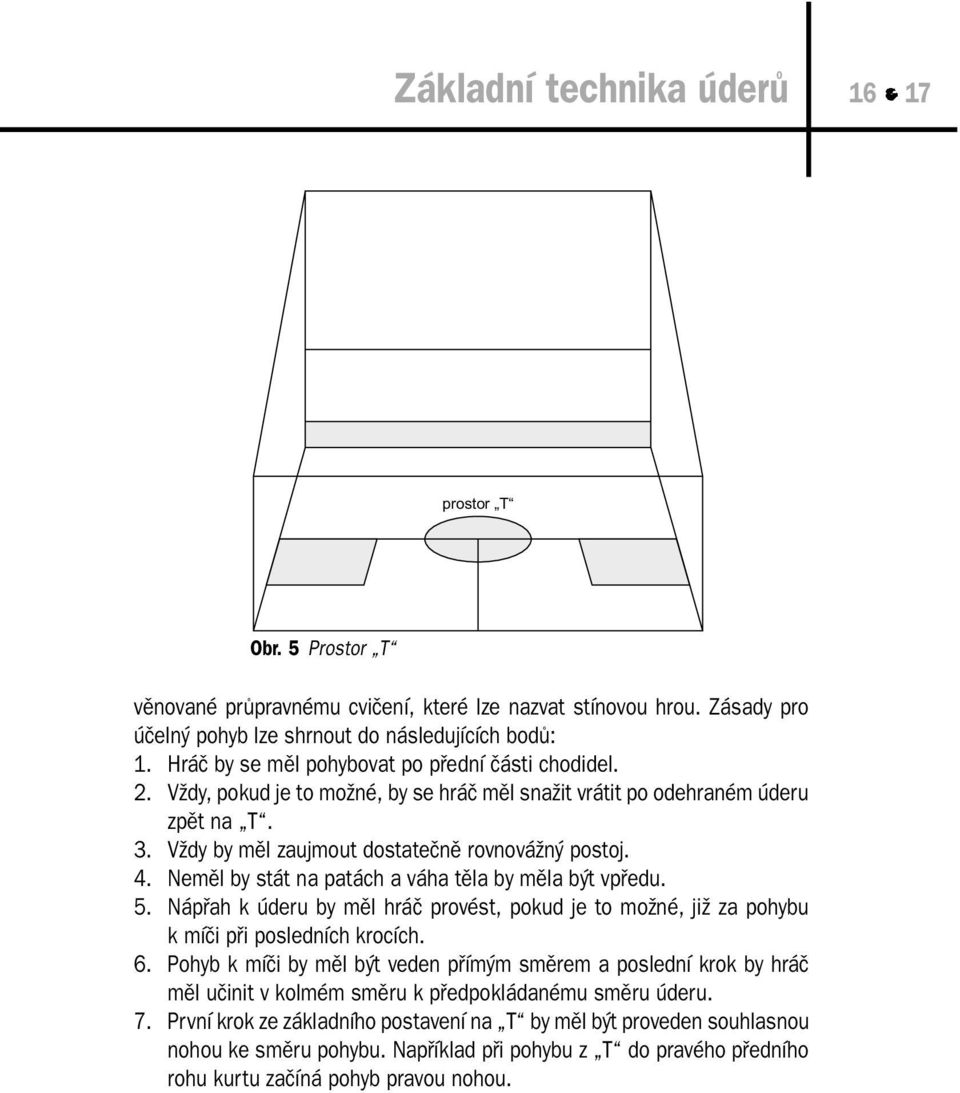 Neměl by stát na patách a váha těla by měla být vpředu. 5. Nápřah k úderu by měl hráč provést, pokud je to možné, již za pohybu k míči při posledních krocích. 6.