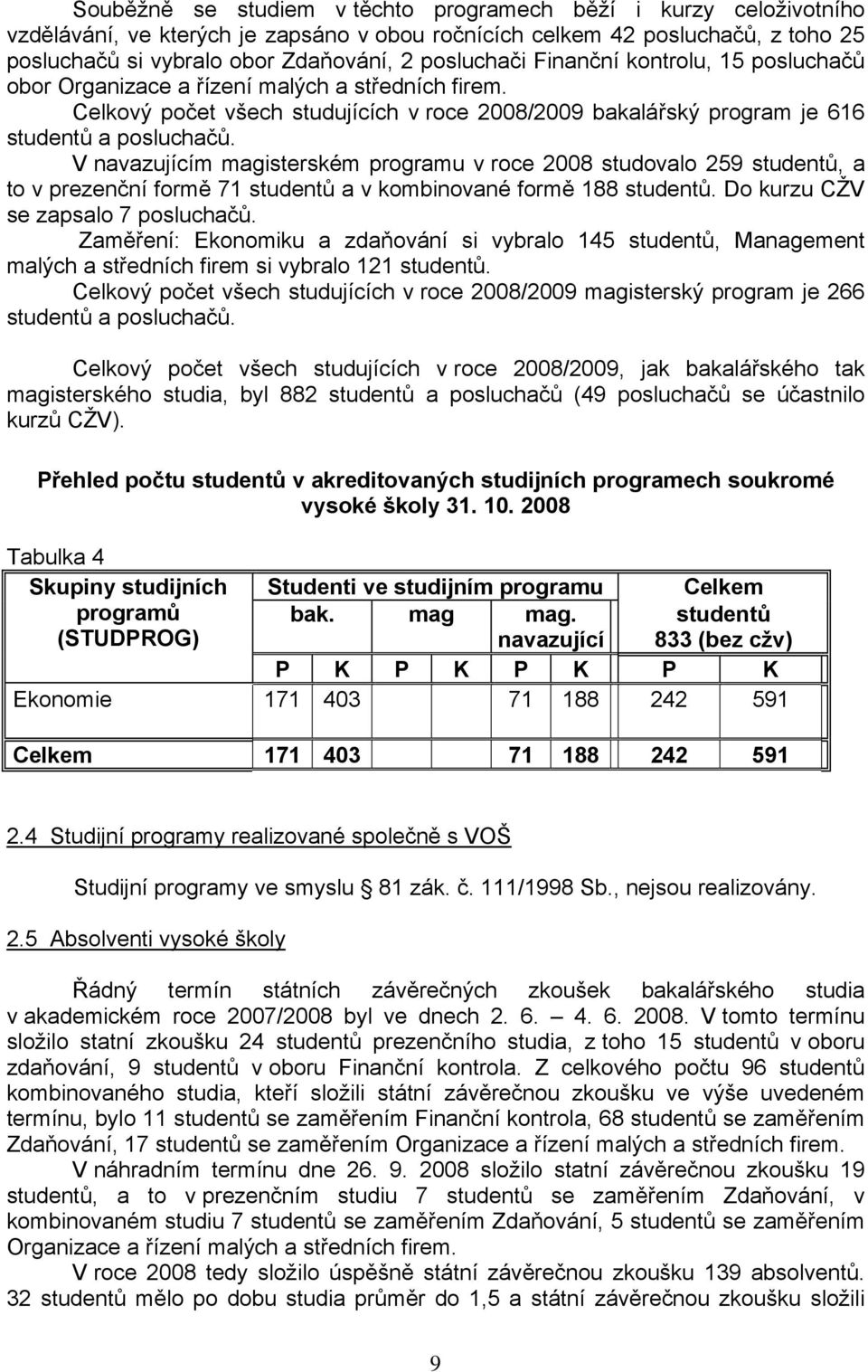 V navazujícím magisterském programu v roce 2008 studovalo 259 studentů, a to v prezenční formě 71 studentů a v kombinované formě 188 studentů. Do kurzu CŽV se zapsalo 7 posluchačů.