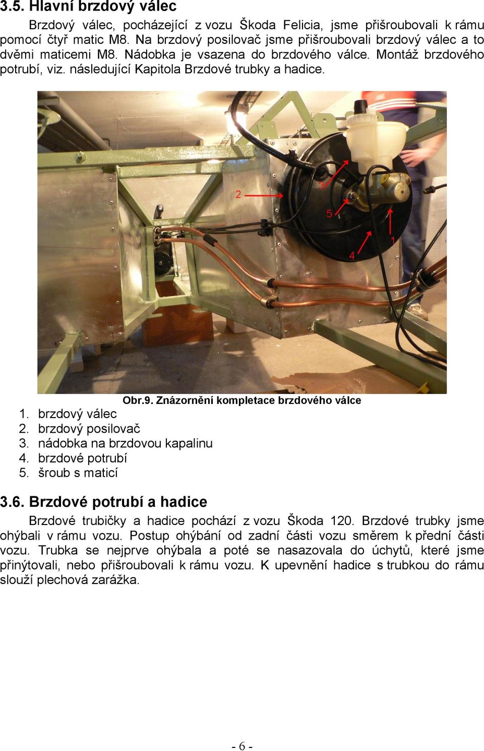 brzdový posilovač 3. nádobka na brzdovou kapalinu 4. brzdové potrubí 5. šroub s maticí 3.6. Brzdové potrubí a hadice Brzdové trubičky a hadice pochází z vozu Škoda 120.