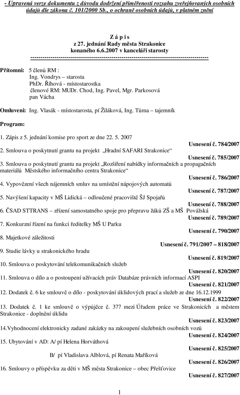 Vondrys starosta PhDr. Říhová - místostarostka členové RM: MUDr. Chod, Ing. Pavel, Mgr. Parkosová pan Vácha Omluveni: Ing. Vlasák - místostarosta, pí Žiláková, Ing. Tůma tajemník Program: 1.