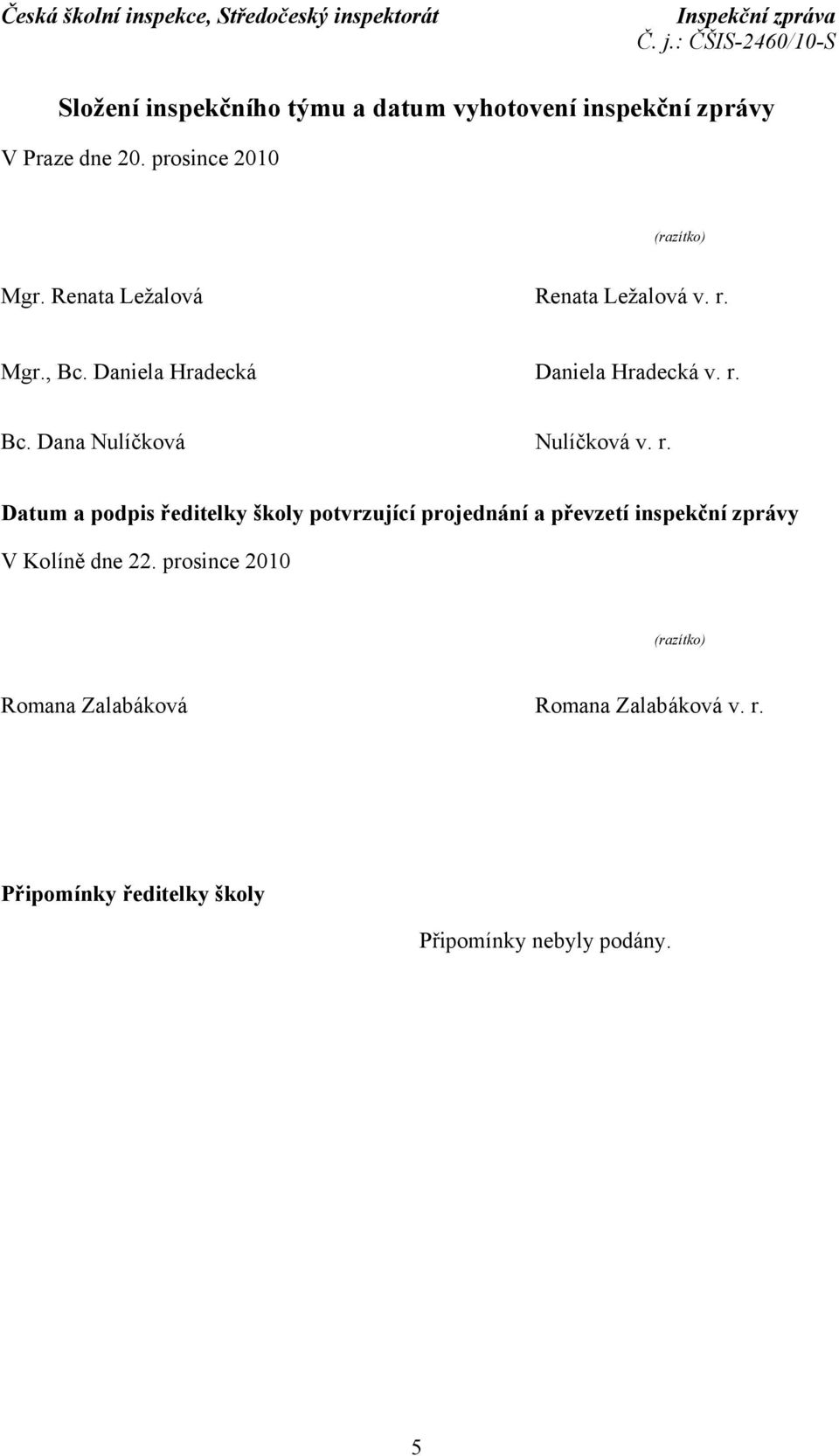 r. Datum a podpis ředitelky školy potvrzující projednání a převzetí inspekční zprávy V Kolíně dne 22.