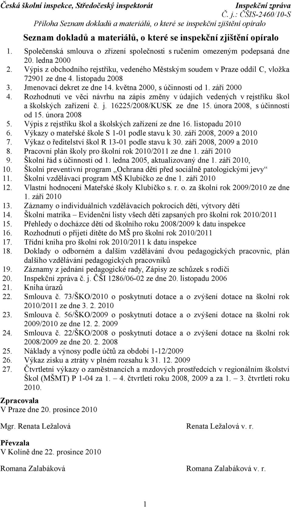 listopadu 2008 3. Jmenovací dekret ze dne 14. května 2000, s účinností od 1. září 2000 4. Rozhodnutí ve věci návrhu na zápis změny v údajích vedených v rejstříku škol a školských zařízení č. j.