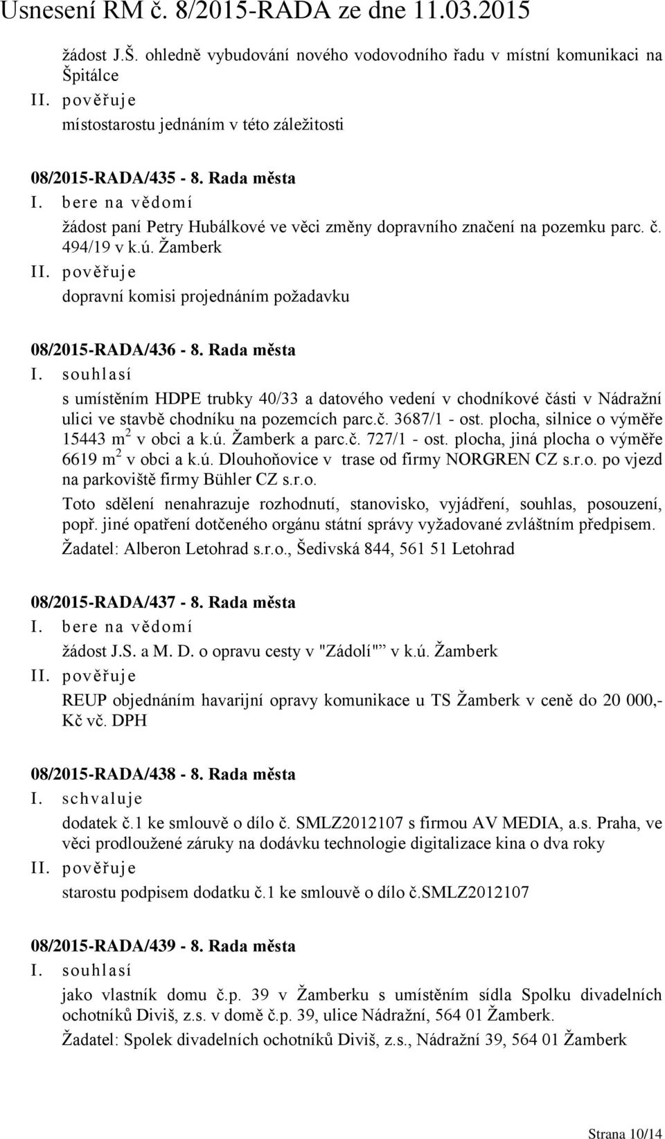 souhlasí s umístěním HDPE trubky 40/33 a datového vedení v chodníkové části v Nádražní ulici ve stavbě chodníku na pozemcích parc.č. 3687/1 - ost. plocha, silnice o výměře 15443 m 2 v obci a k.ú.