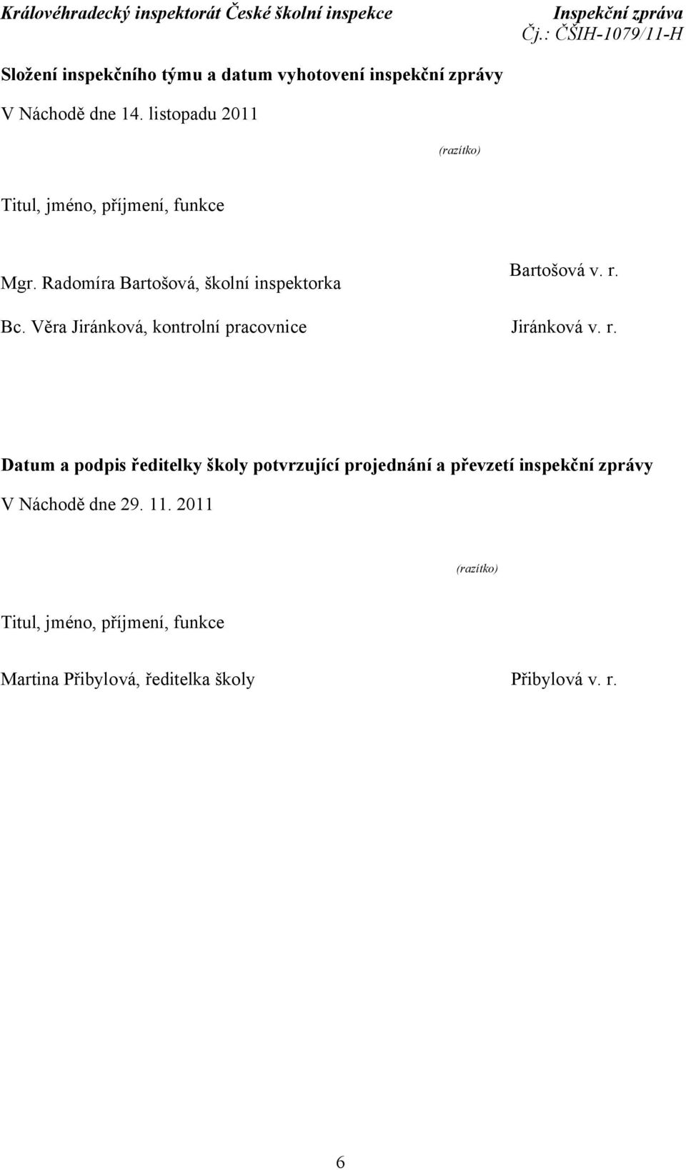 r. Bc. Věra Jiránková, kontrolní pracovnice Jiránková v. r.