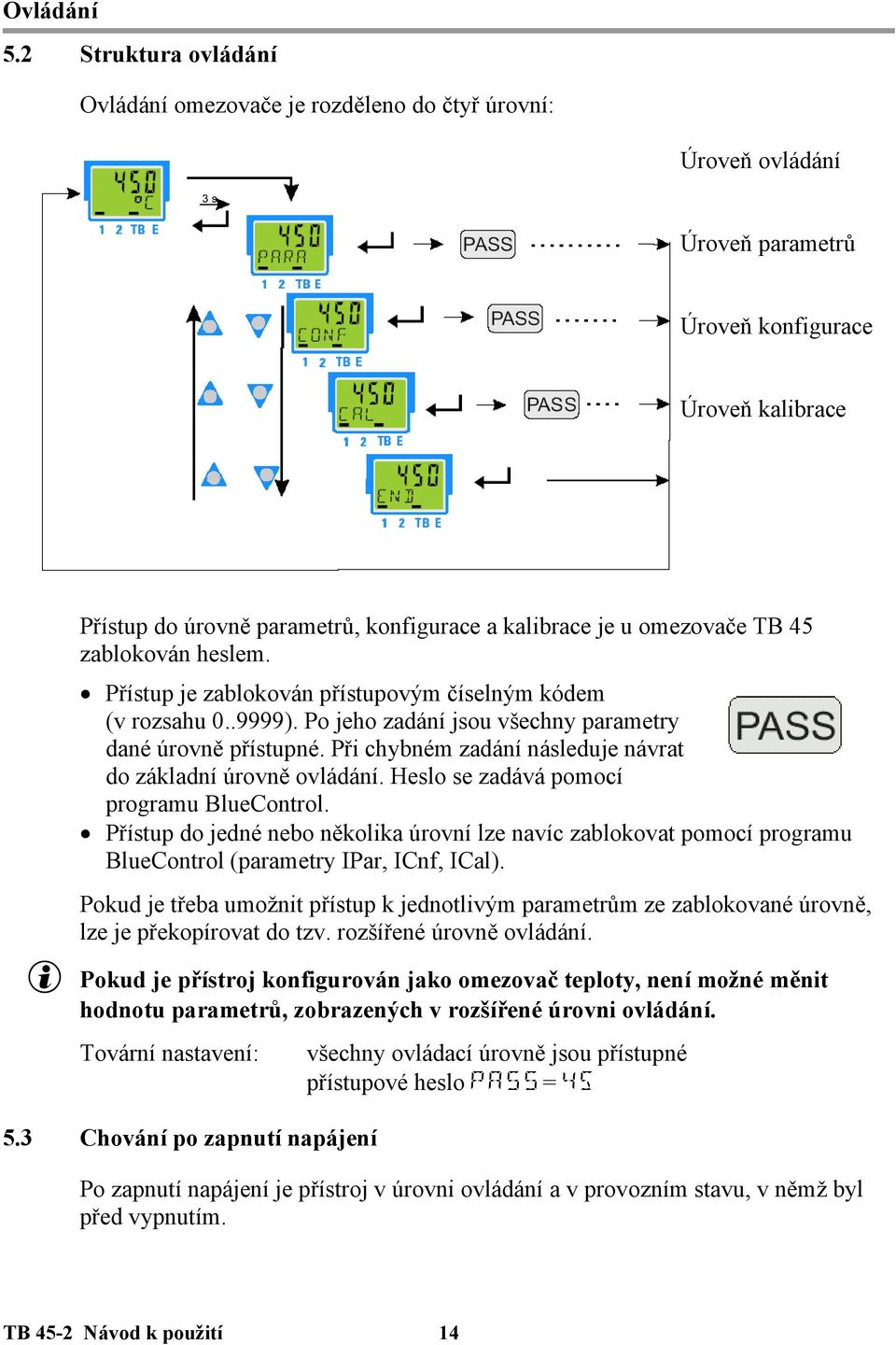omezovače TB 45 zablokován heslem. Přístup je zablokován přístupovým číselným kódem (v rozsahu 0..9999). Po jeho zadání jsou všechny parametry dané úrovně přístupné.
