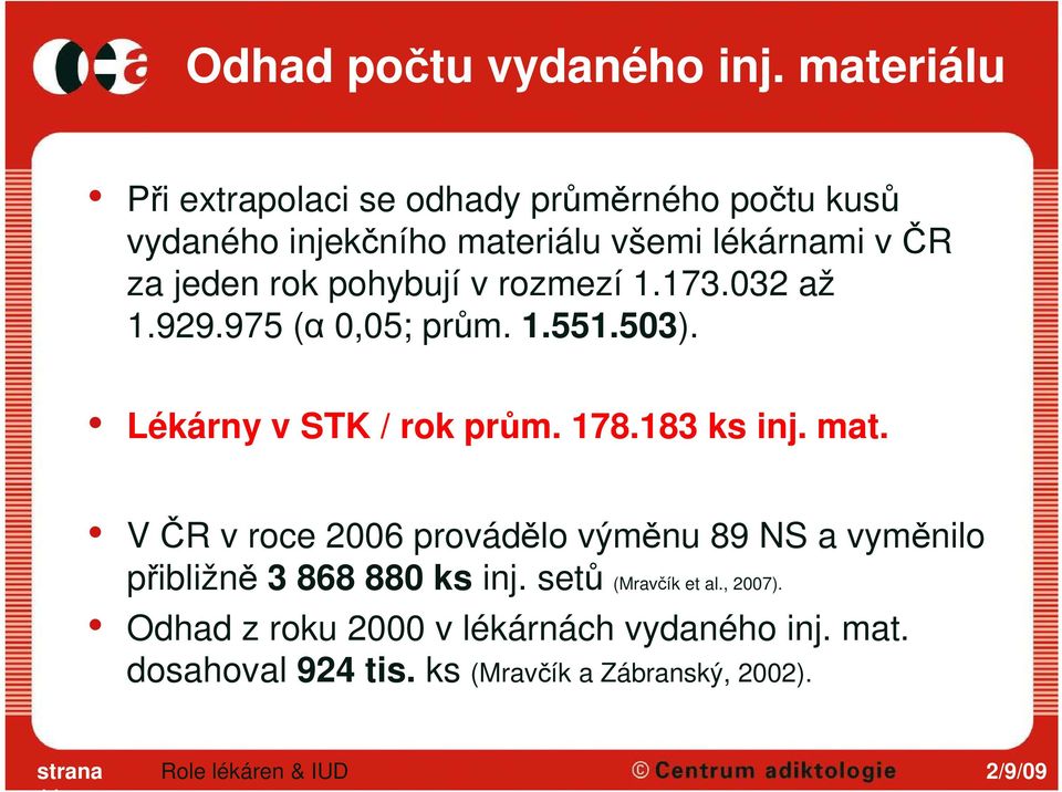 rok pohybují v rozmezí 1.173.032 až 1.929.975 (α 0,05; prům. 1.551.503). Lékárny v STK / rok prům. 178.183 ks inj. mat.