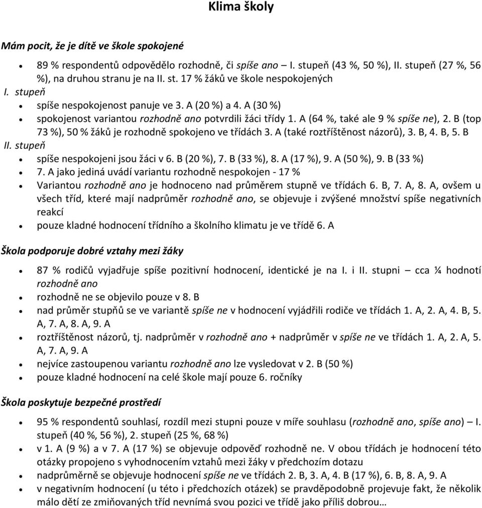 B spokojeni jsou žáci v 6. B (2 %), 7. B ( %), 8. A ( %), 9. A (5 %), 9. B ( %) 7. A jako jediná uvádí variantu spokojen - % Variantou je hodnoceno nad průměrem stupně ve třídách 6. B, 7. A, 8.