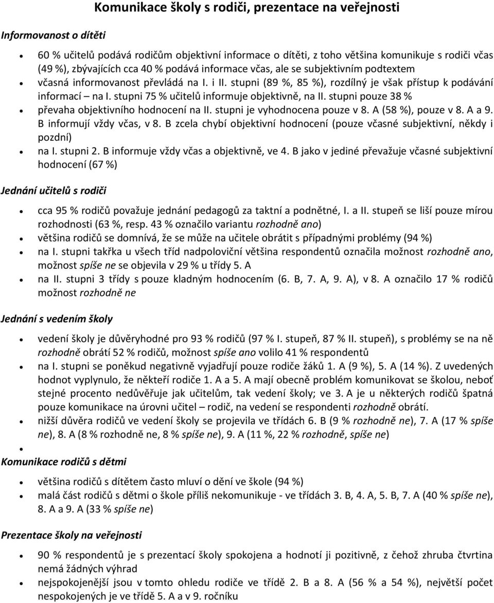 stupni 75 % učitelů informuje objektivně, na II. stupni pouze 38 % převaha objektivního hodnocení na II. stupni je vyhodnocena pouze v 8. A (58 %), pouze v 8. A a 9. B informují vždy včas, v 8.