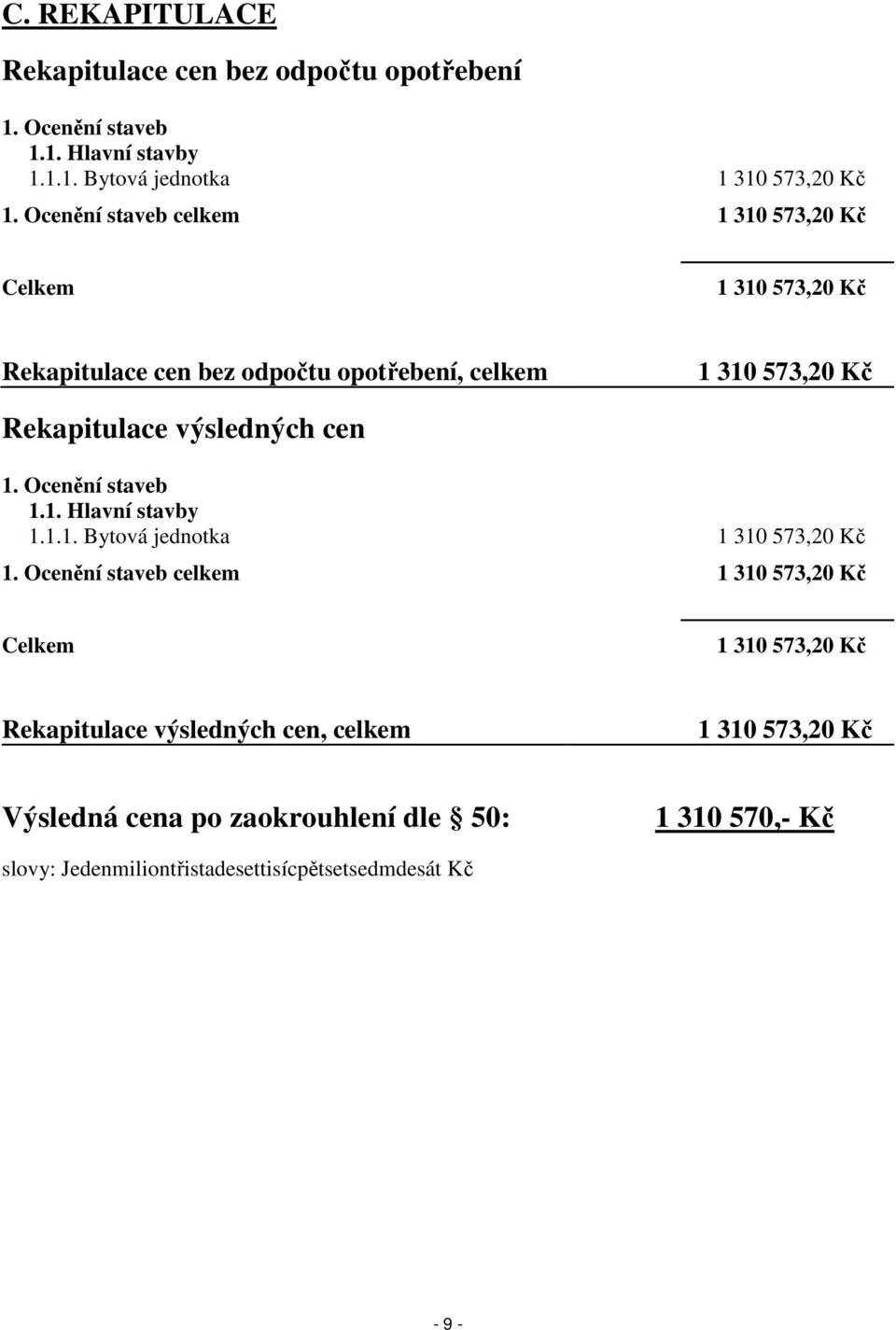 výsledných cen 1. Ocenění staveb 1.1. Hlavní stavby 1.1.1. Bytová jednotka 1 310 573,20 Kč 1.