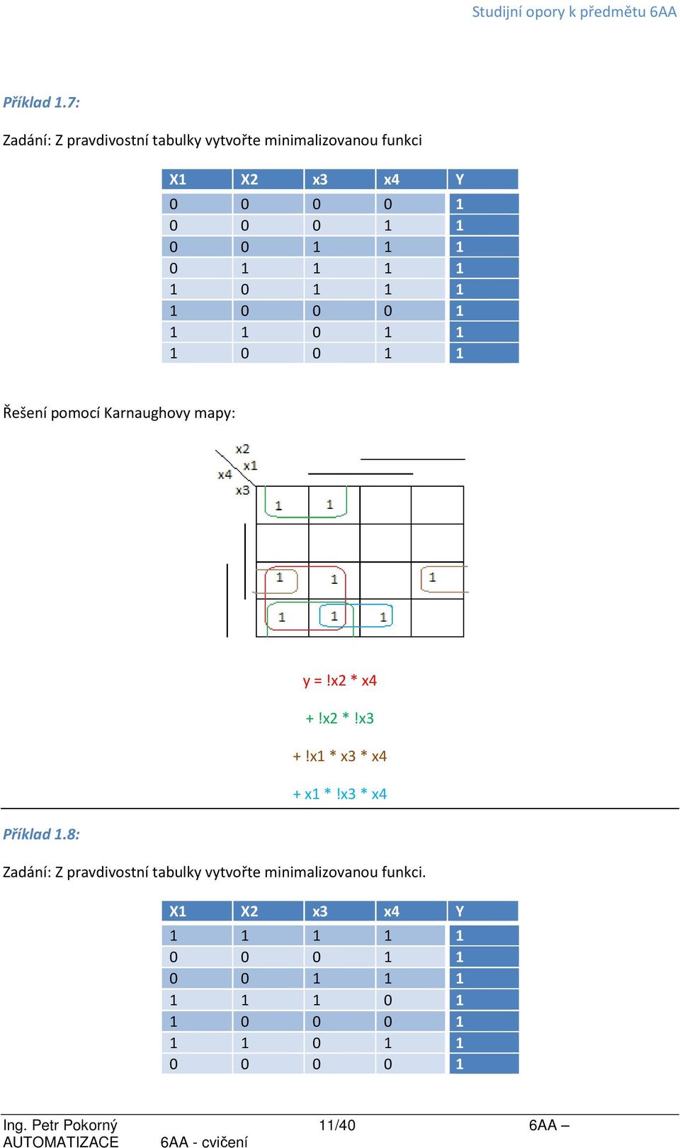 0 1 1 1 1 1 0 1 1 1 1 0 0 0 1 1 1 0 1 1 1 0 0 1 1 Řešení pomocí Karnaughovy mapy: 8: y =!x2 * x4 +!x2 *!x3 +!