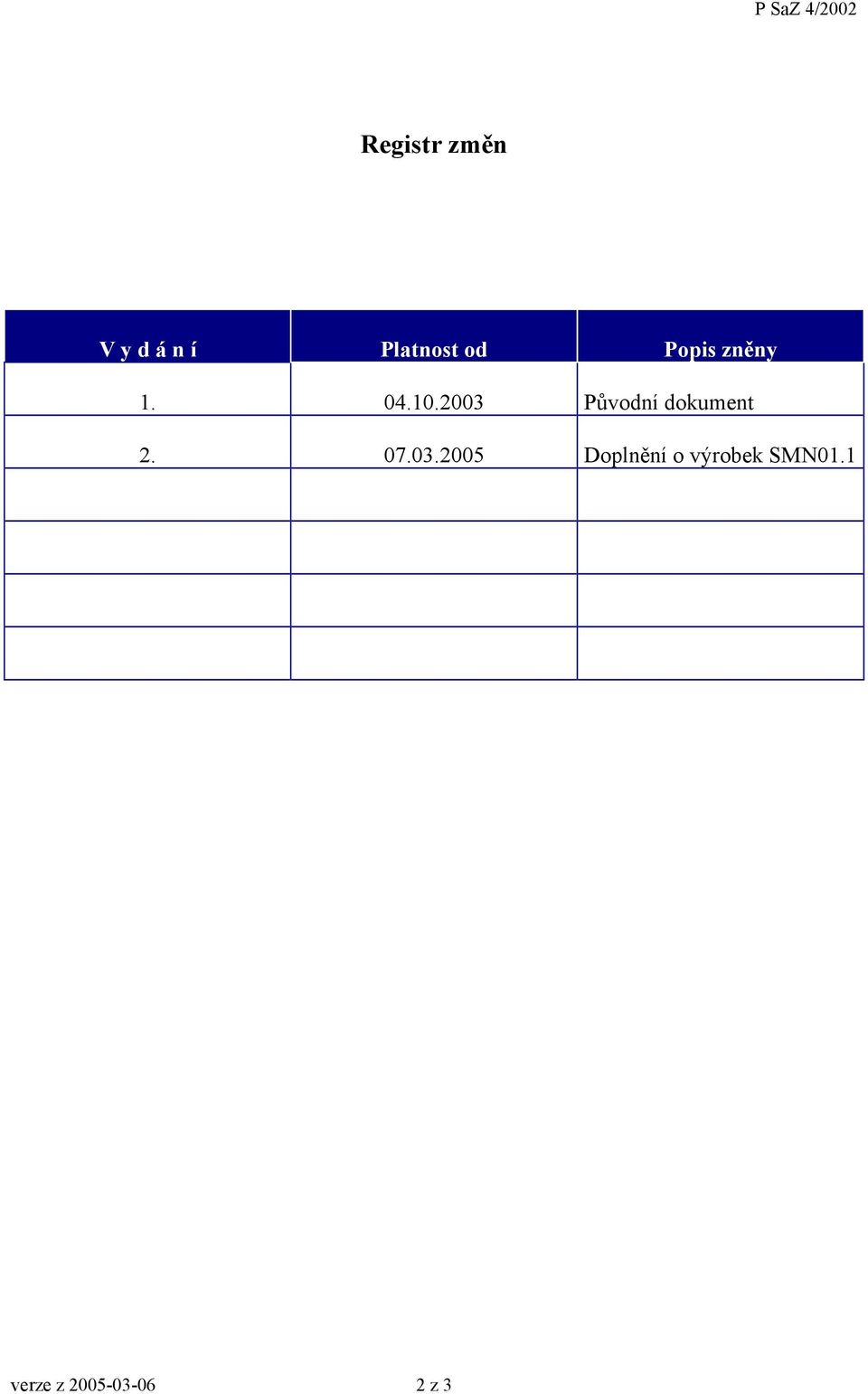 2003 Původní dokument 2. 07.03.2005 Doplnění o výrobek SMN01.