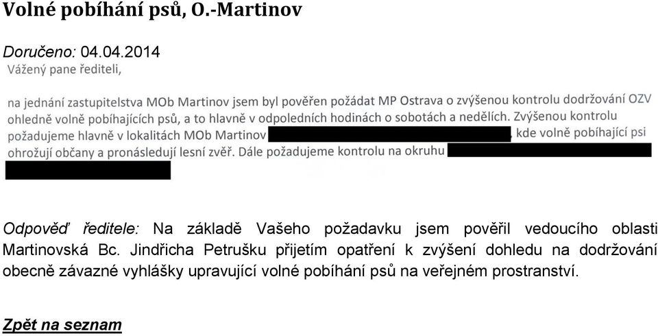 vedoucího oblasti Martinovská Bc.