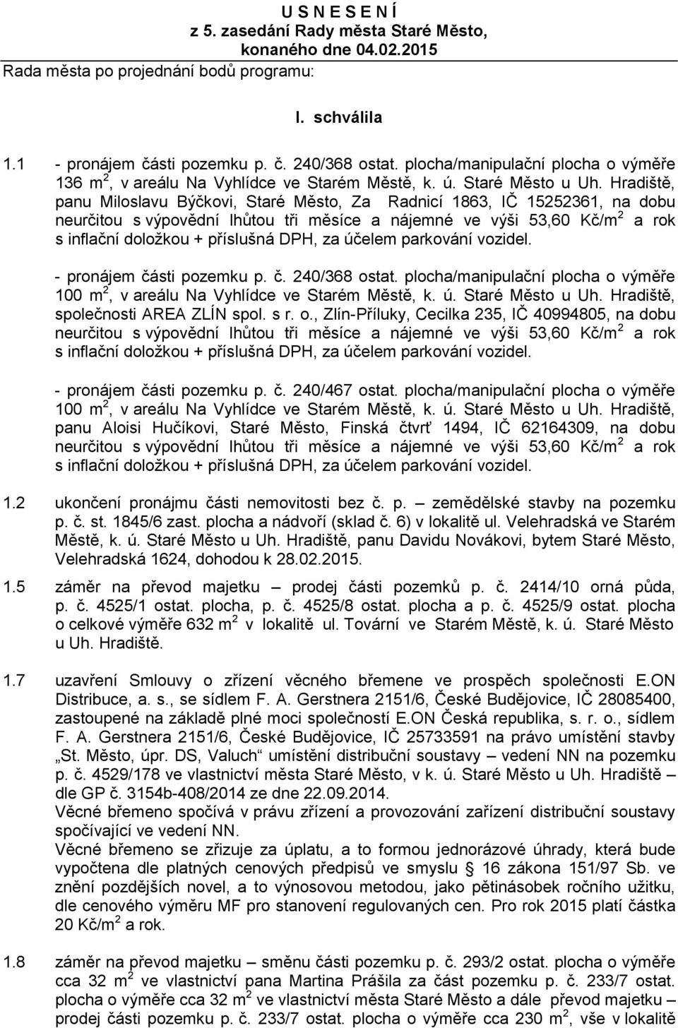 Hradiště, panu Miloslavu Býčkovi, Staré Město, Za Radnicí 1863, IČ 15252361, na dobu - pronájem části pozemku p. č. 240/368 ostat.