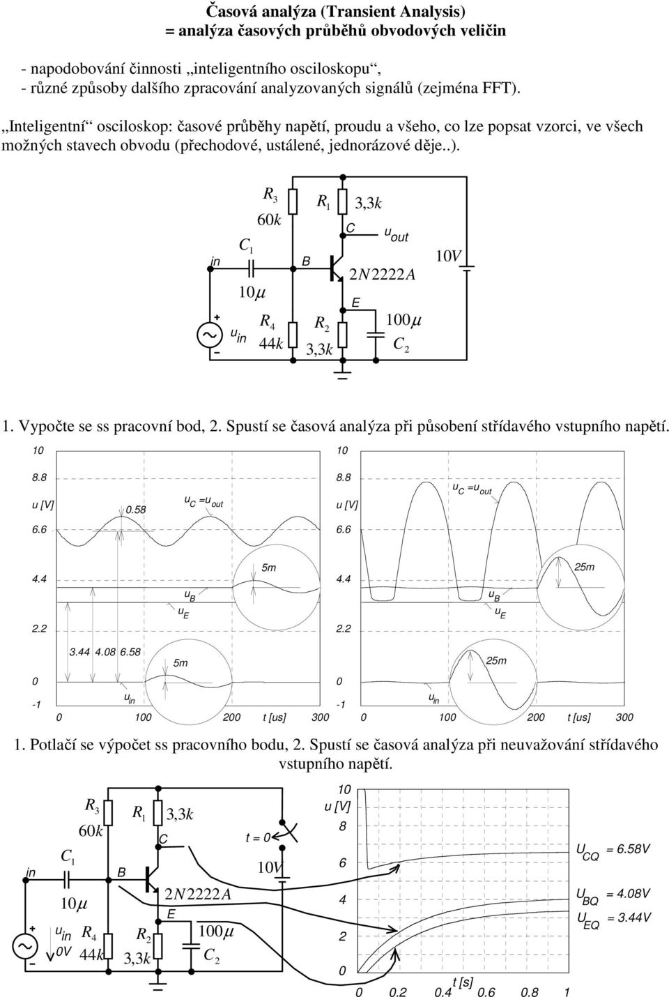 Vypoče se ss pracovní bod, 2. Spusí se časová analýza při působení sřídavého vsupního napěí. 1 1 8.8 8.8 u C =u ou u [V].58 u C =u ou u [V] 6.6 6.6 4.4 5m 4.4 25m u E u B u B u E 2.2 2.2 3.44 4.8 6.