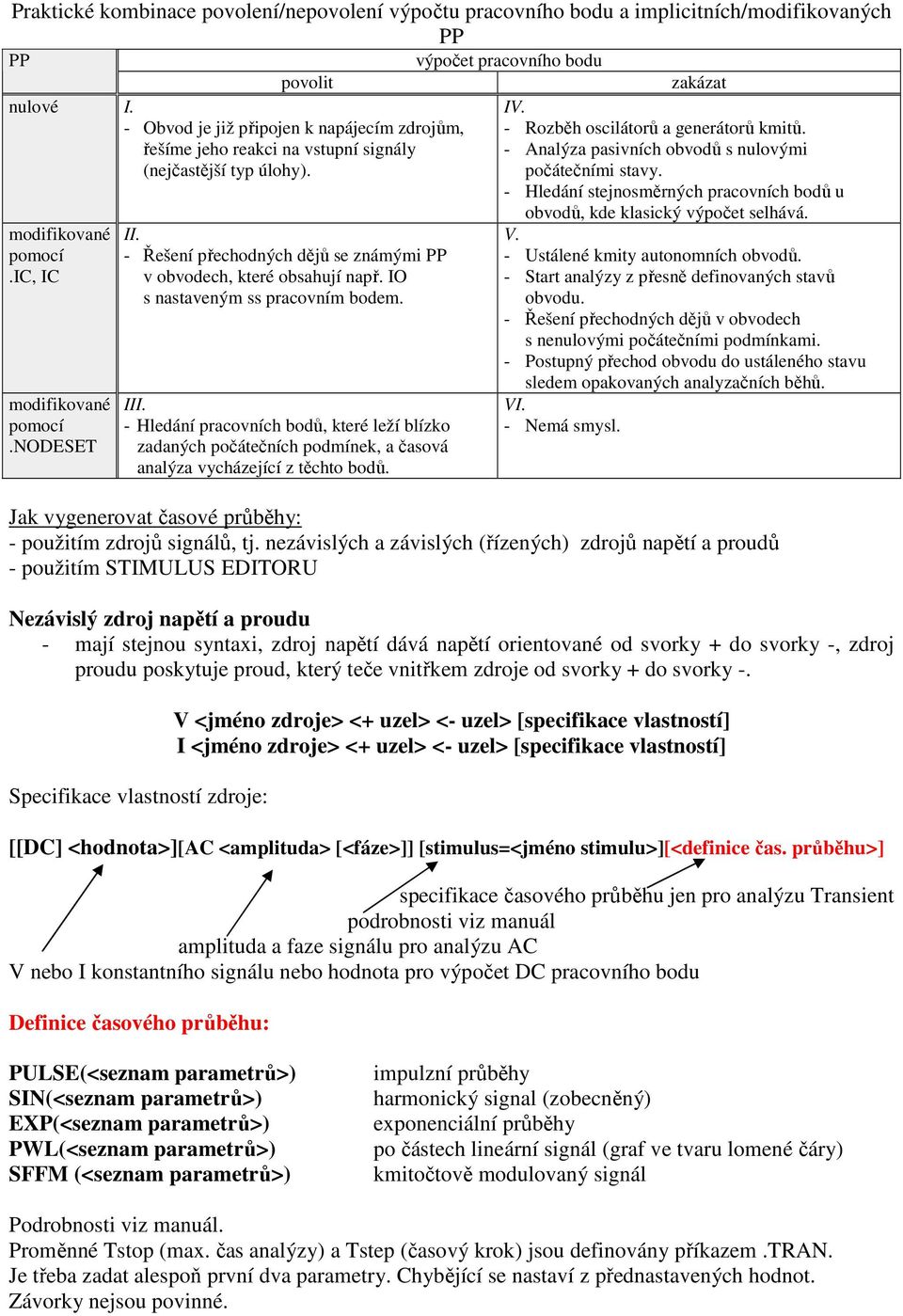 - Řešení přechodných dějů se známými PP v obvodech, keré obsahují např. IO s nasaveným ss pracovním bodem. III.