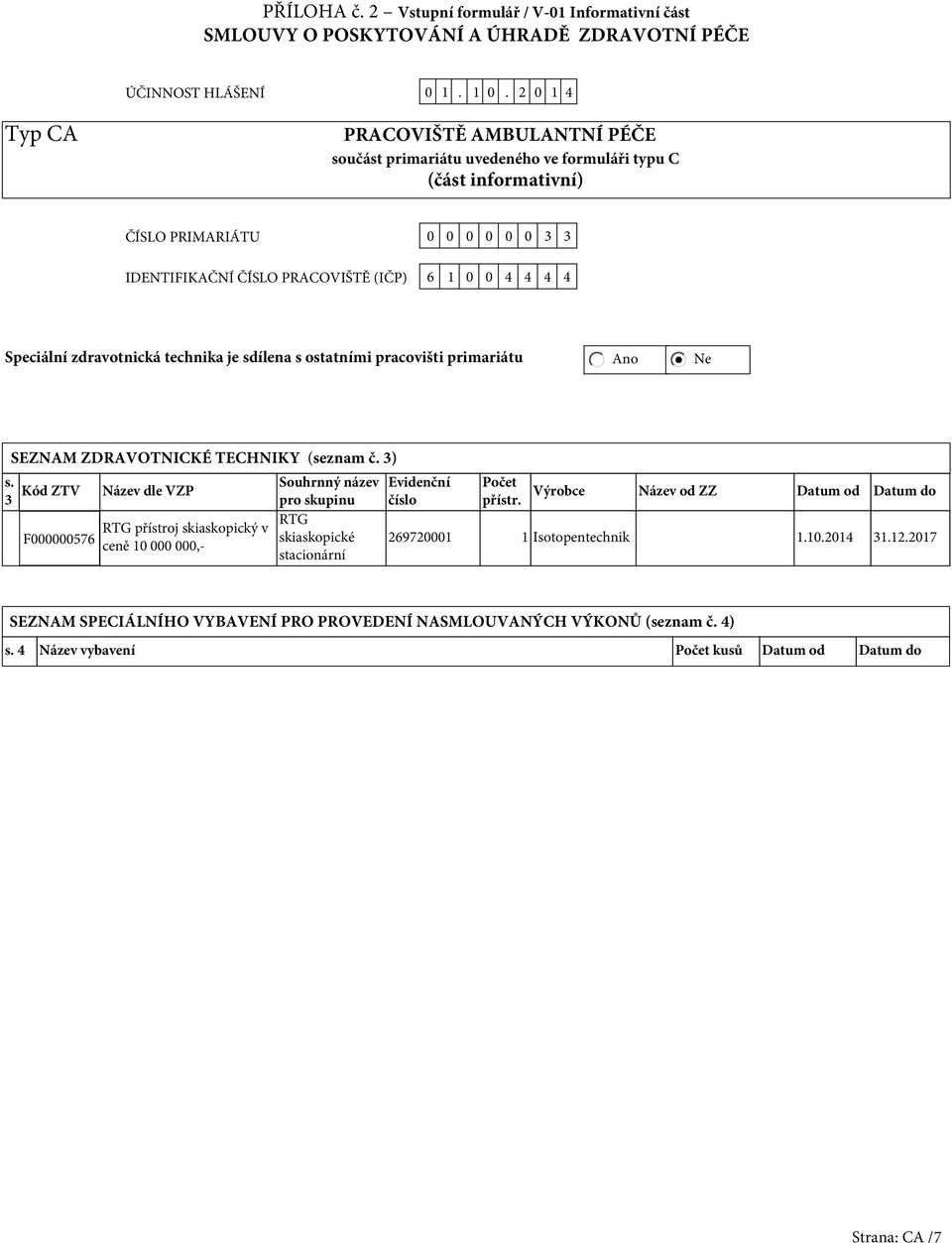 Speciální zdravotnická technika je sdílena s ostatními pracovišti primariátu Ano Ne SEZNAM ZDRAVOTNICKÉ TECHNIKY (seznam č. 3) s.