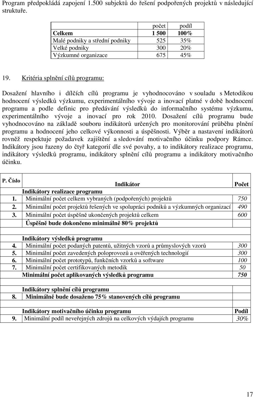 Kritéria splnění cílů programu: Dosažení hlavního i dílčích cílů programu je vyhodnocováno v souladu s Metodikou hodnocení výsledků výzkumu, experimentálního vývoje a inovací platné v době hodnocení