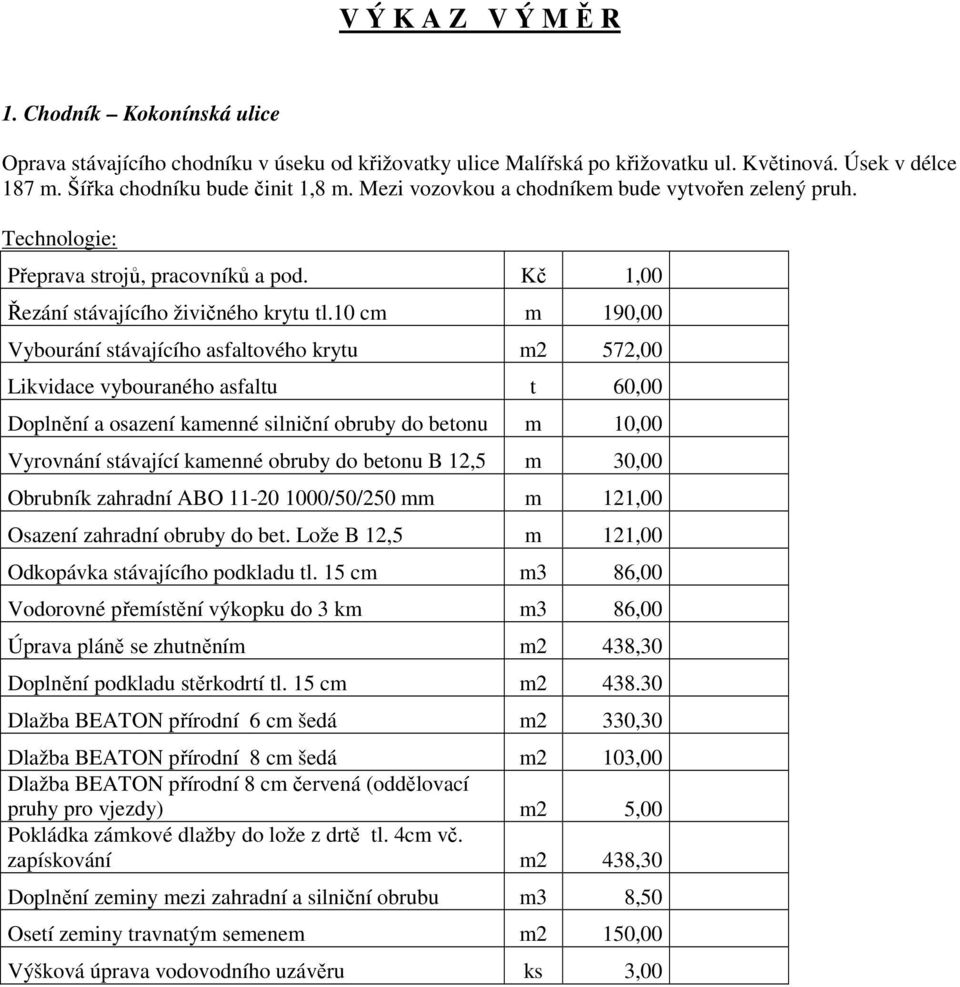 10 cm m 190,00 Vybourání stávajícího asfaltového krytu m2 572,00 Likvidace vybouraného asfaltu t 60,00 Doplnění a osazení kamenné silniční obruby do betonu m 10,00 Vyrovnání stávající kamenné obruby