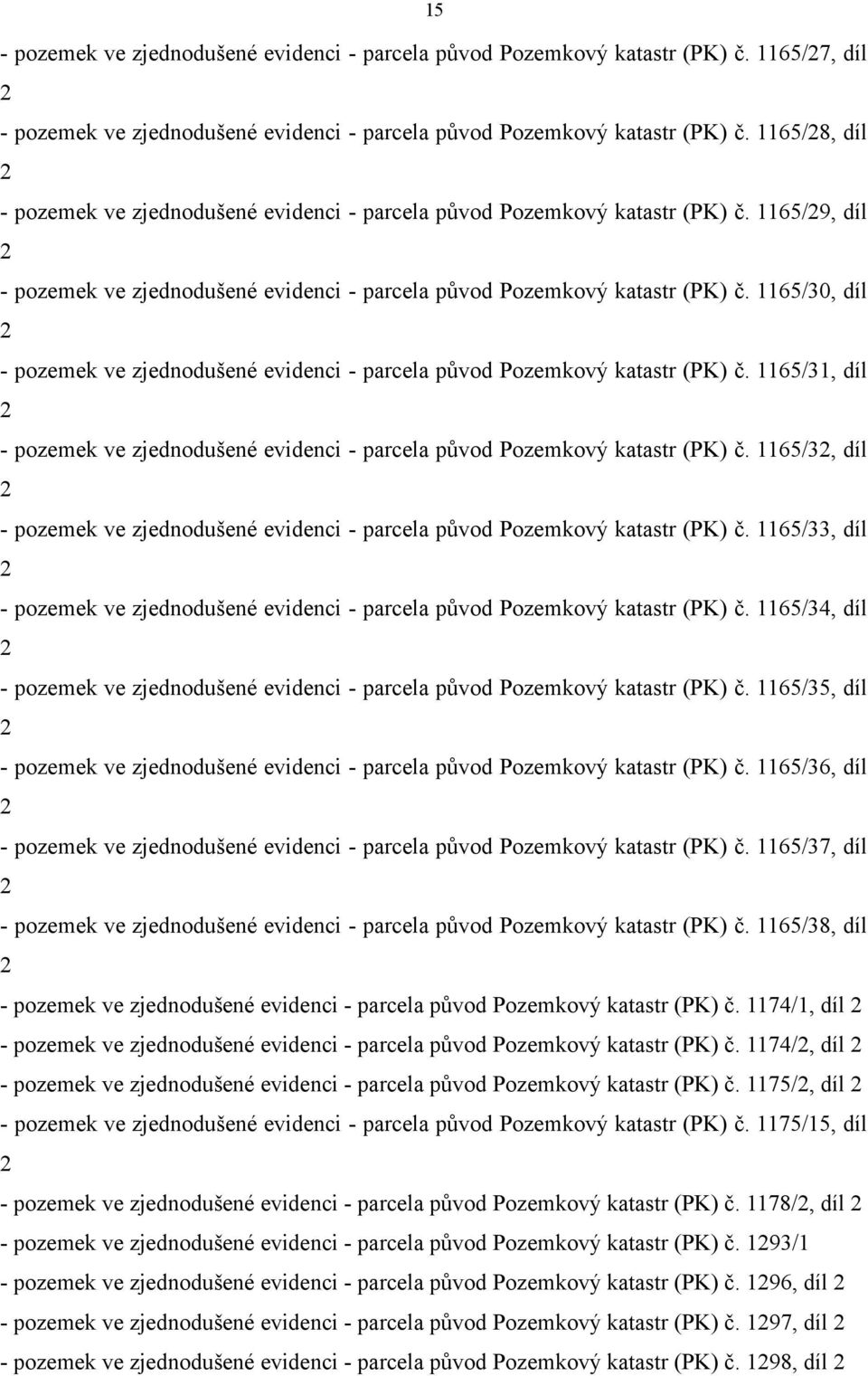 1165/30, díl - pozemek ve zjednodušené evidenci - parcela původ Pozemkový katastr (PK) č. 1165/31, díl - pozemek ve zjednodušené evidenci - parcela původ Pozemkový katastr (PK) č.