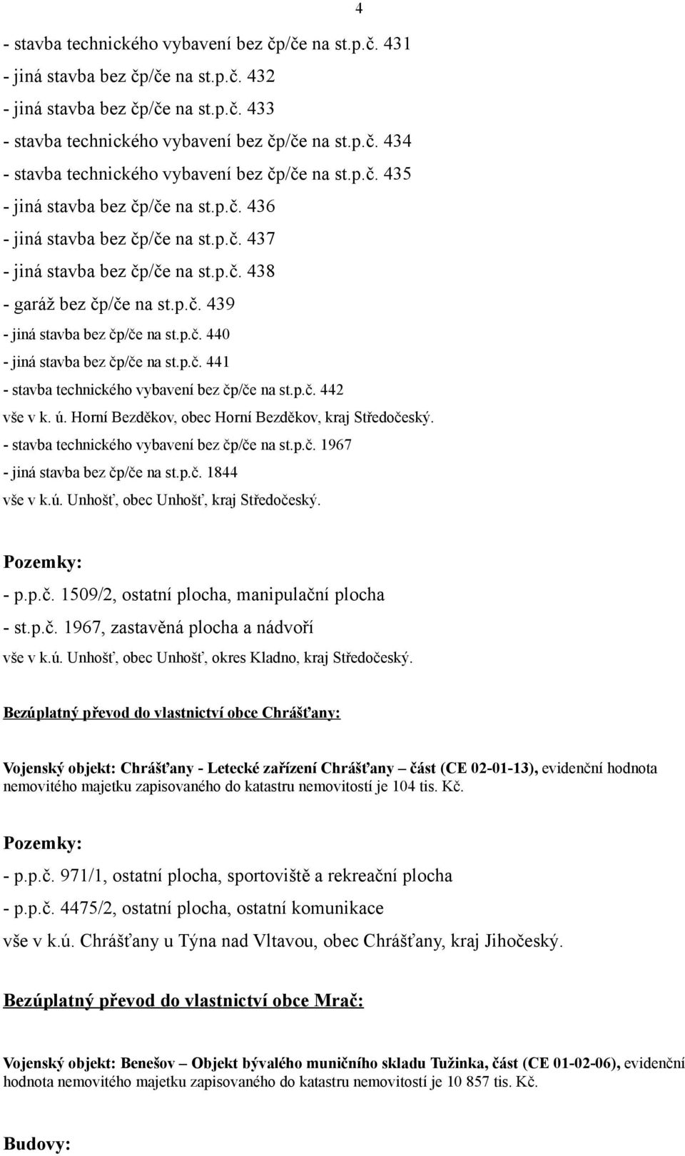 p.č. 441 - stavba technického vybavení bez čp/če na st.p.č. 44 vše v k. ú. Horní Bezděkov, obec Horní Bezděkov, kraj Středočeský. - stavba technického vybavení bez čp/če na st.p.č. 1967 - jiná stavba bez čp/če na st.