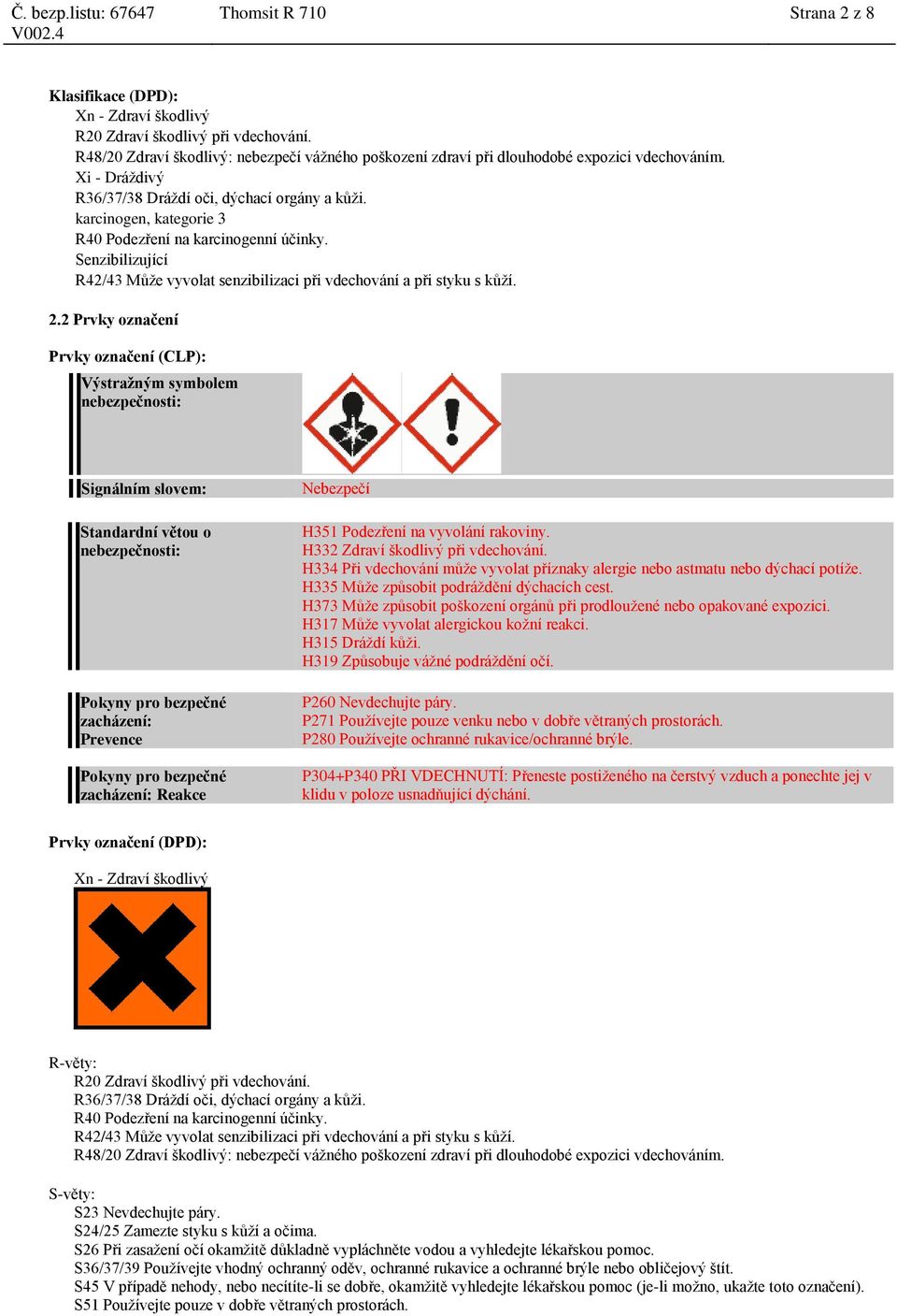 Senzibilizující R42/43 Může vyvolat senzibilizaci při vdechování a při styku s kůží. 2.