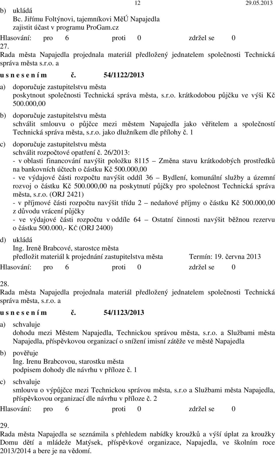 000,00 b) doporučuje zastupitelstvu města schválit smlouvu o půjčce mezi městem Napajedla jako věřitelem a společností Technická správa města, s.r.o. jako dlužníkem dle přílohy č.