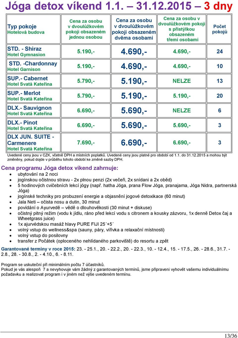 690,- NELZE 6 6.690,- 5.690,- 5.690,- 3 7.690,- 6.690,- 6.690,- 3 ubytování na 2 noci jogínskou očistnou stravu - 2x plnou penzi (2x večeři, 2x snídani a 2x oběd) 5 hodinových cvičebních lekcí jógy (např.