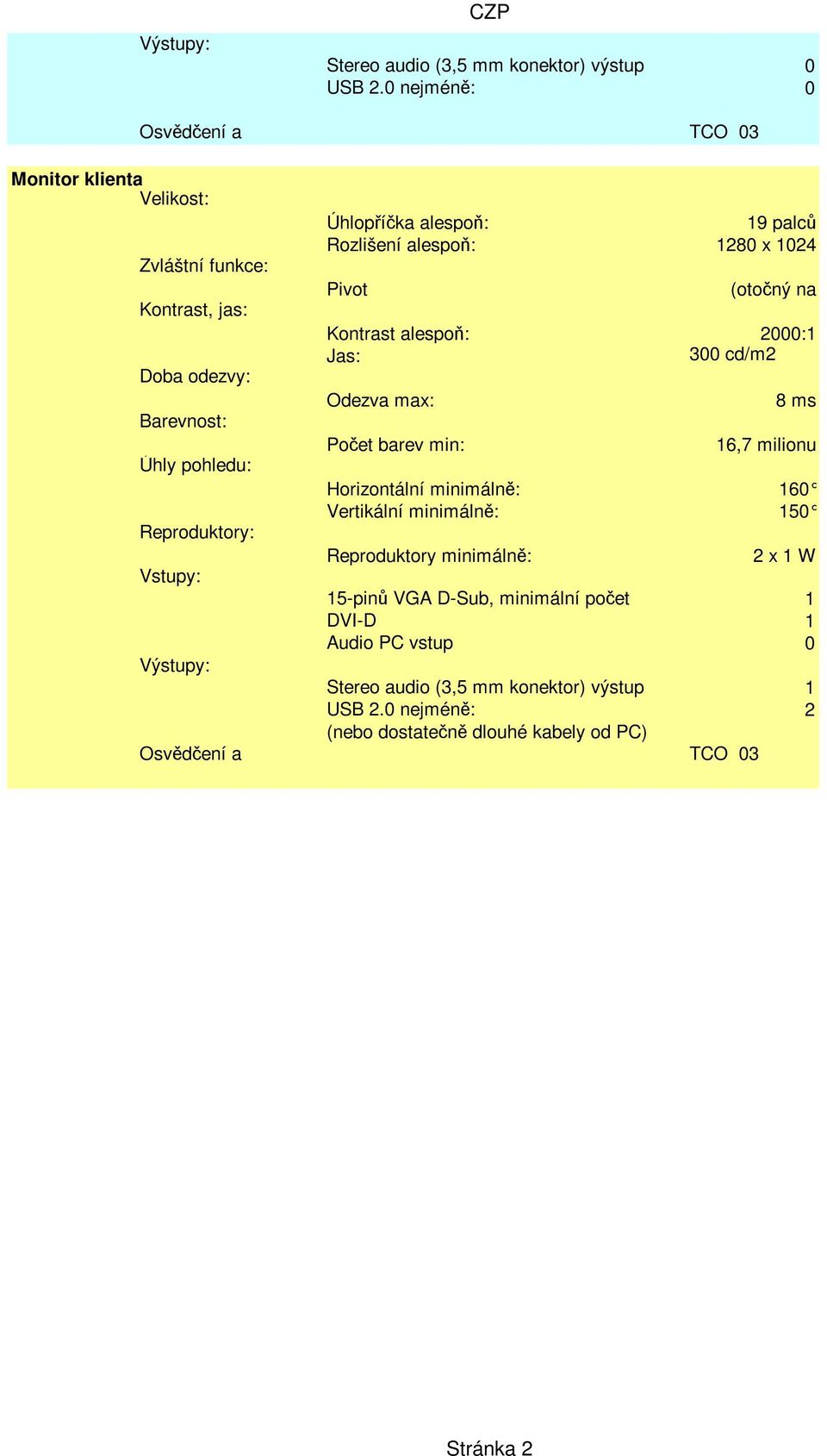 19 palců Rozlišení alespoň: 1280 x 1024 Pivot (otočný na Kontrast alespoň: 2000:1 Jas: 300 cd/m2 Odezva max: Počet barev min: 8 ms 16,7 milionu Horizontální