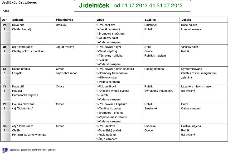 knedlíčk Puding danone Sýr termizovaný 3 Loupák čaj "Dobré ráno" 1-Brambory francouzské Chléb s rostlin. margarinem 1-Voda s citronem Čt Káva bílá Ovoce 1-Pol.