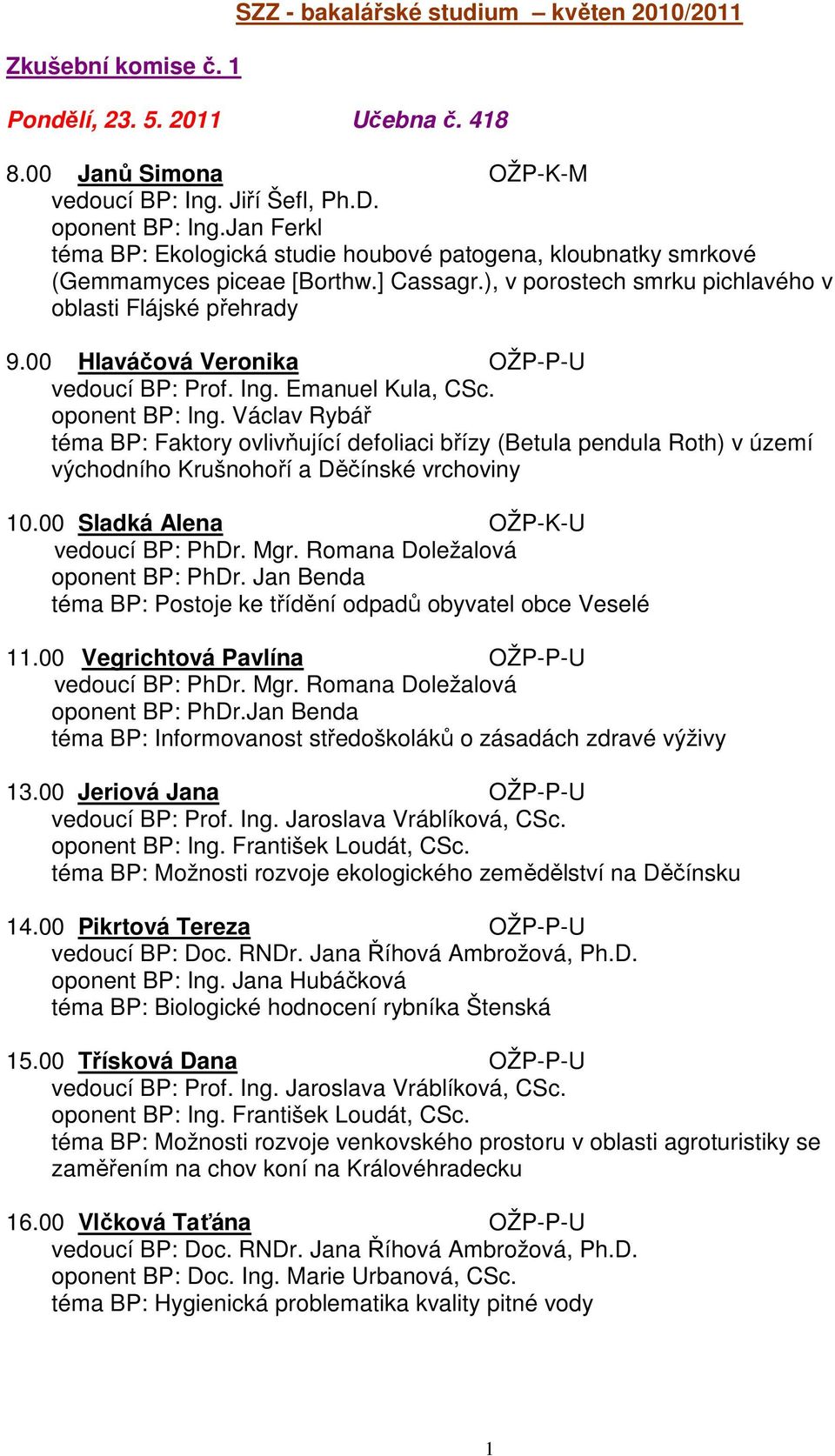 00 Hlaváčová Veronika OŽP-P-U vedoucí BP: Prof. Ing. Emanuel Kula, CSc. oponent BP: Ing.