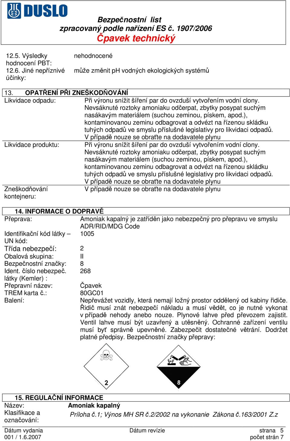 Nevsáknuté roztoky amoniaku odčerpat, zbytky posypat suchým nasákavým materiálem (suchou zeminou, pískem, apod.