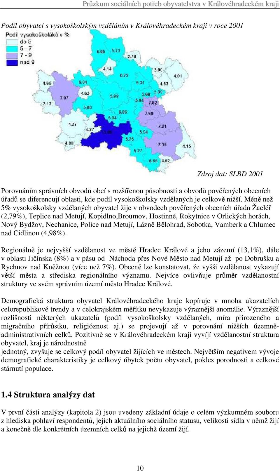 Méně než 5% vysokoškolsky vzdělaných obyvatel žije v obvodech pověřených obecních úřadů Žacléř (2,79%), Teplice nad Metují, Kopidlno,Broumov, Hostinné, Rokytnice v Orlických horách, Nový Bydžov,