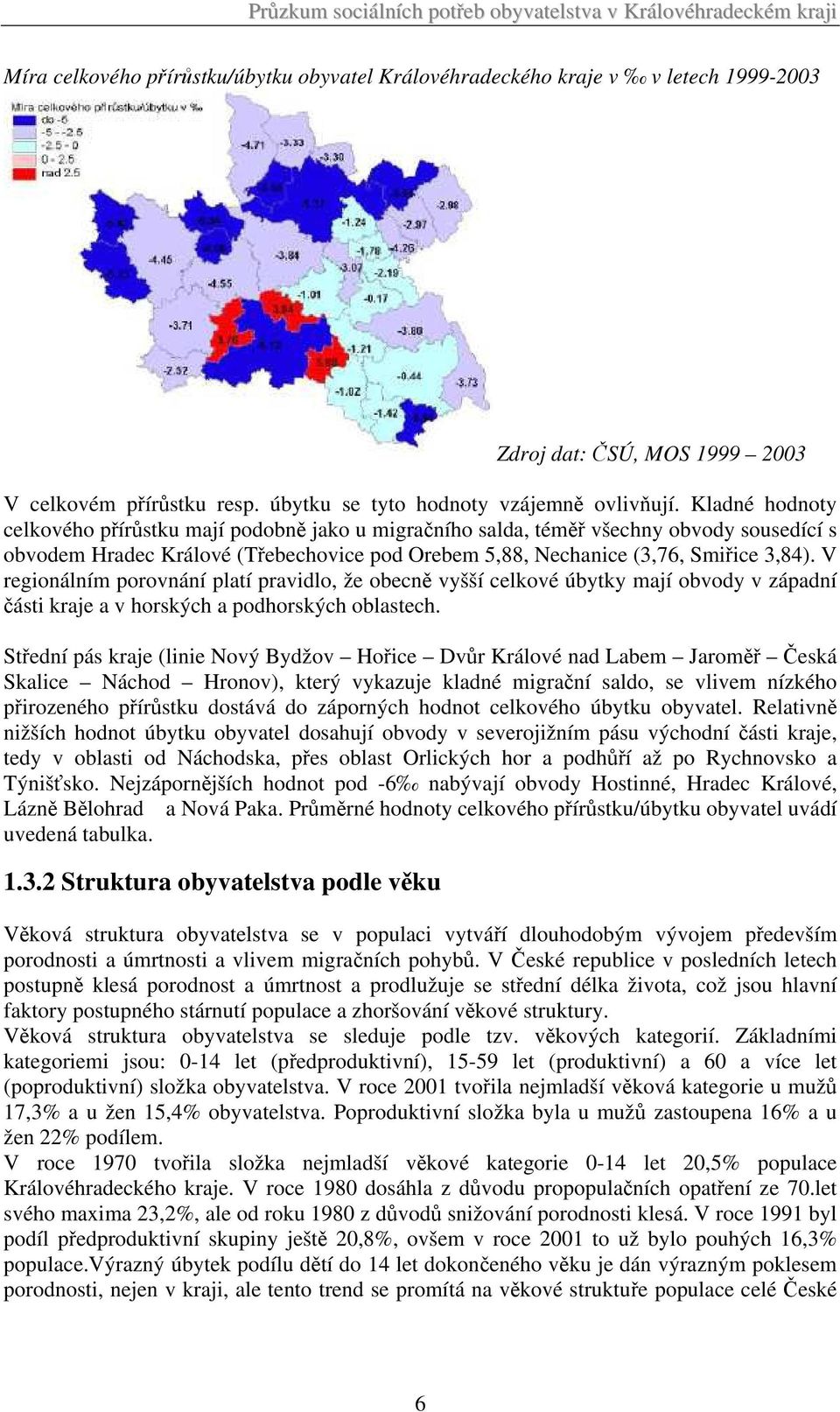 Kladné hodnoty celkového přírůstku mají podobně jako u migračního salda, téměř všechny obvody sousedící s obvodem Hradec Králové (Třebechovice pod Orebem 5,88, Nechanice (3,76, Smiřice 3,84).