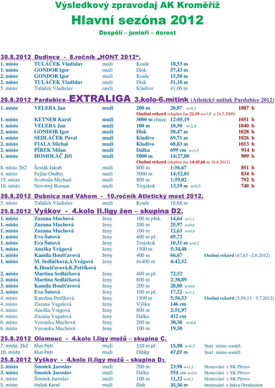 kolo-6.mítink (Atletický mítink Pardubice 2012) 1. místo VELEBA Jan muži 200 m 20,87 w+0,3 1087 b Osobní rekord (zlepšen čas 21,19 w+1,9 z 24.5.2009) 1.