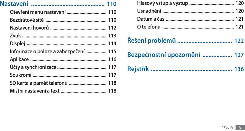 .. 117 Soukromí... 117 SD karta a paměť telefonu... 118 Místní nastavení a text... 118 Hlasový vstup a výstup.