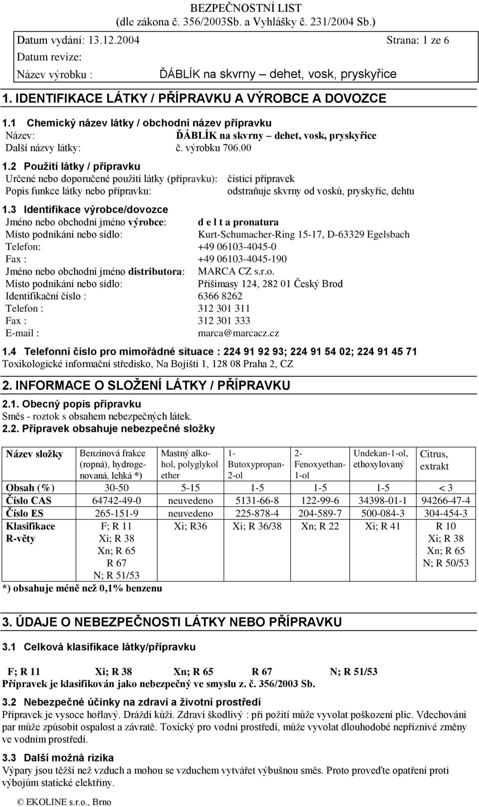 3 Identifikace výrobce/dovozce Jméno nebo obchodní jméno výrobce: d e l t a pronatura Místo podnikání nebo sídlo: Kurt-Schumacher-Ring 15-17, D-63329 Egelsbach Telefon: +49 06103-4045-0 Fax : +49