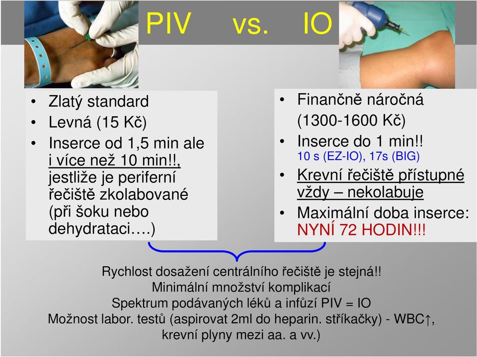 ! 10 s (EZ-IO), 17s (BIG) Krevní řečiště přístupné vždy nekolabuje Maximální doba inserce: NYNÍ 72 HODIN!