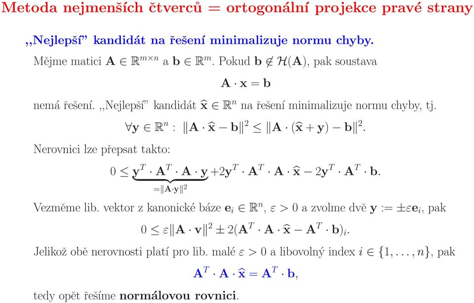 Nerovnici lze přepsat takto: y R n : A x b 2 A ( x + y) b 2. 0 y T A T A y } {{ } = A y 2 +2y T A T A x 2y T A T b. Vezměme lib.